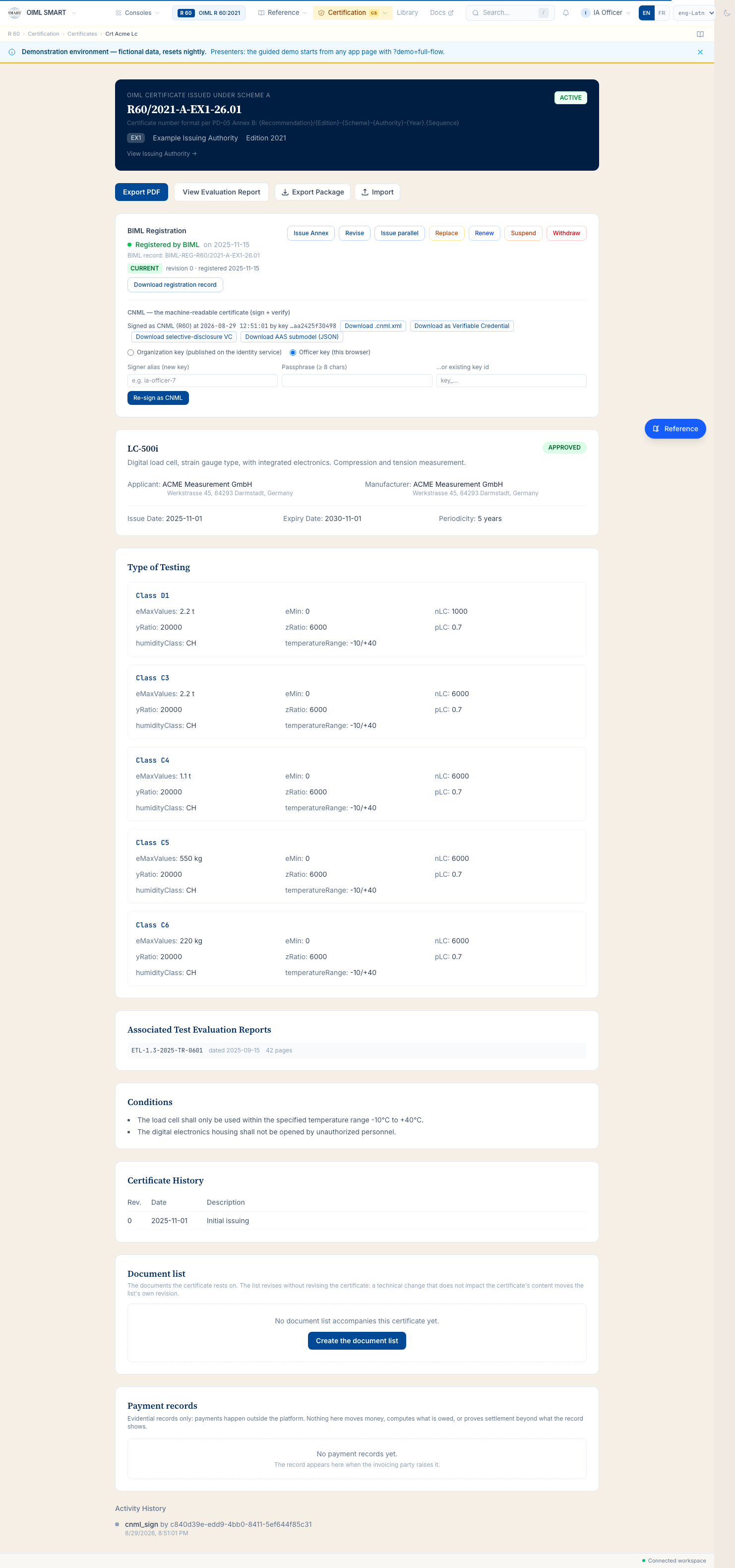 The certificate as the authority sees it: the BIML registration record, the lifecycle acts (annex, revise, replace, renew, suspend, withdraw), the CNML sign state.