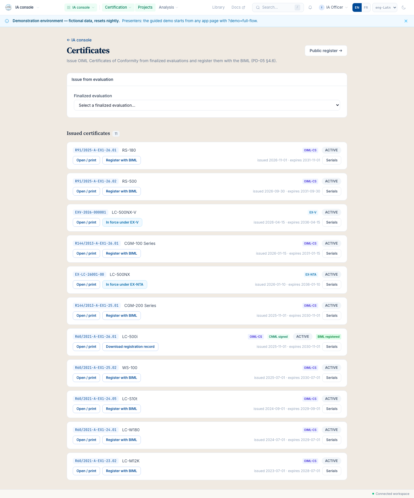 The certificates desk: the issue-from-evaluation picker and the issued certificates with their BIML registration acts.