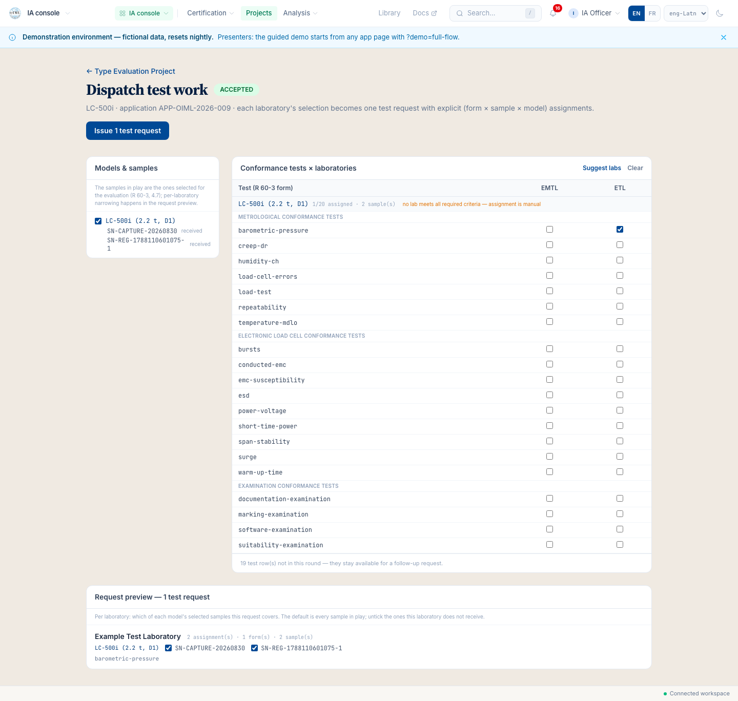 The dispatch builder: the test-forms by samples matrix with per-laboratory assignment, one TestRequest per laboratory.