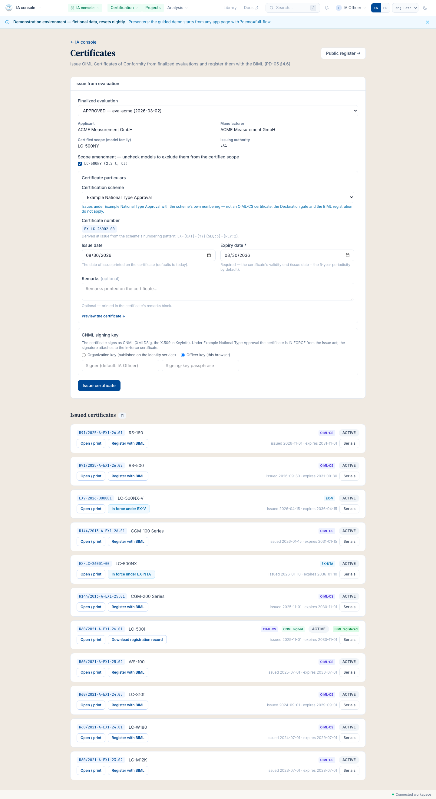 The issuance form on a finalized evaluation: the certified scope the evaluation supports, the scheme choice, the signing key, reviewed before the signature.