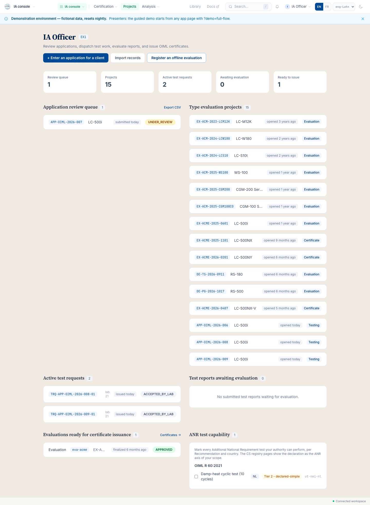 The IA console's review queue holding the applications waiting on the authority, oldest first.