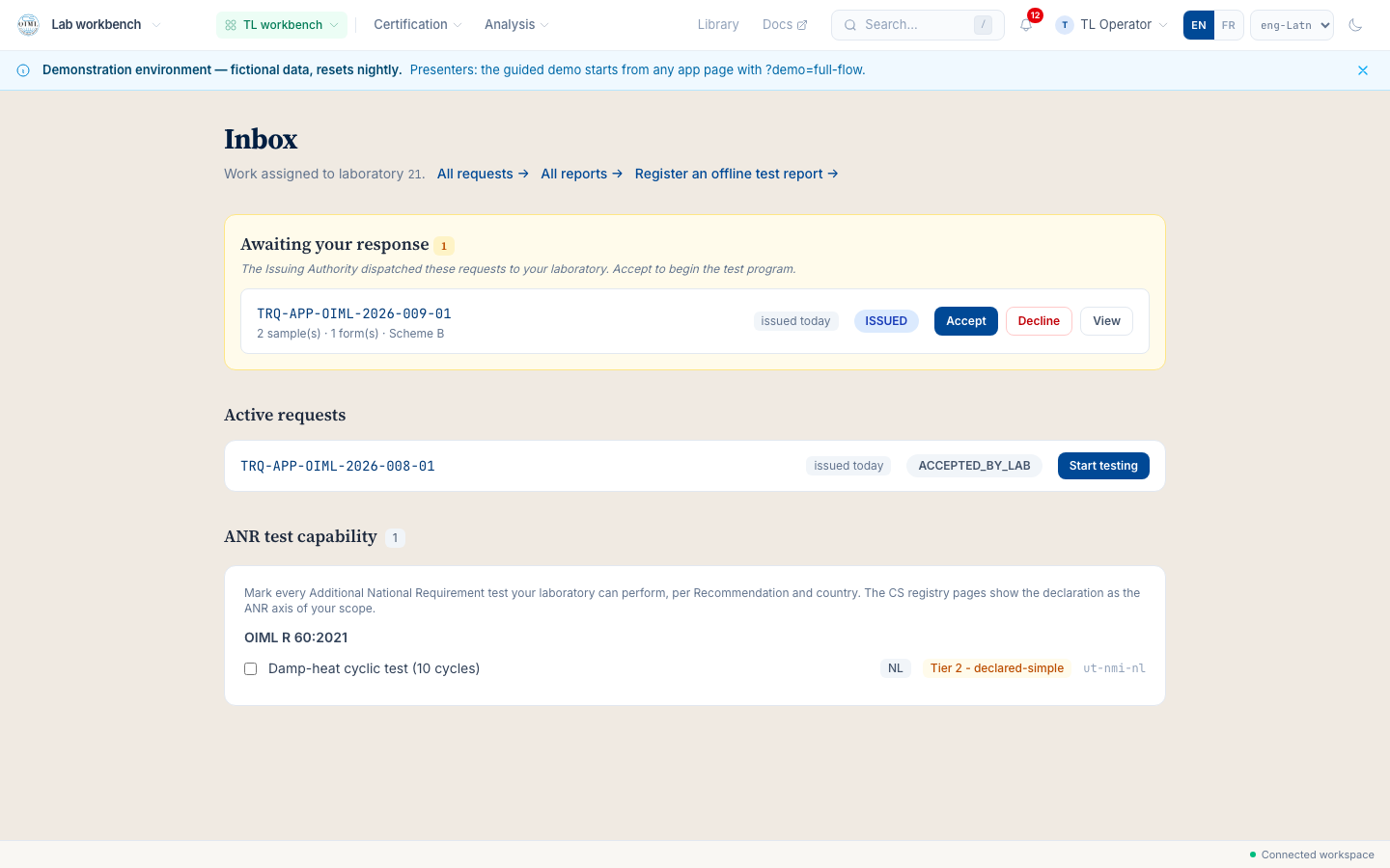 The laboratory inbox with the Issuing Authority's dispatched test request in the incoming bucket, landed live minutes after the dispatch.