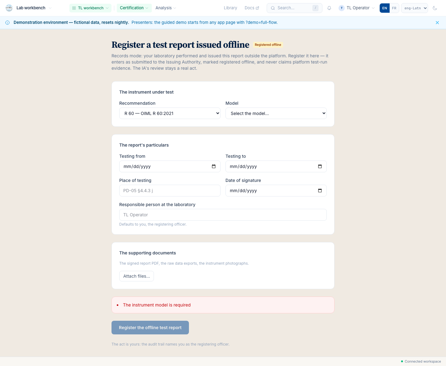 The register-offline test report form: the records-mode bridge, offline work entering the record honestly marked.