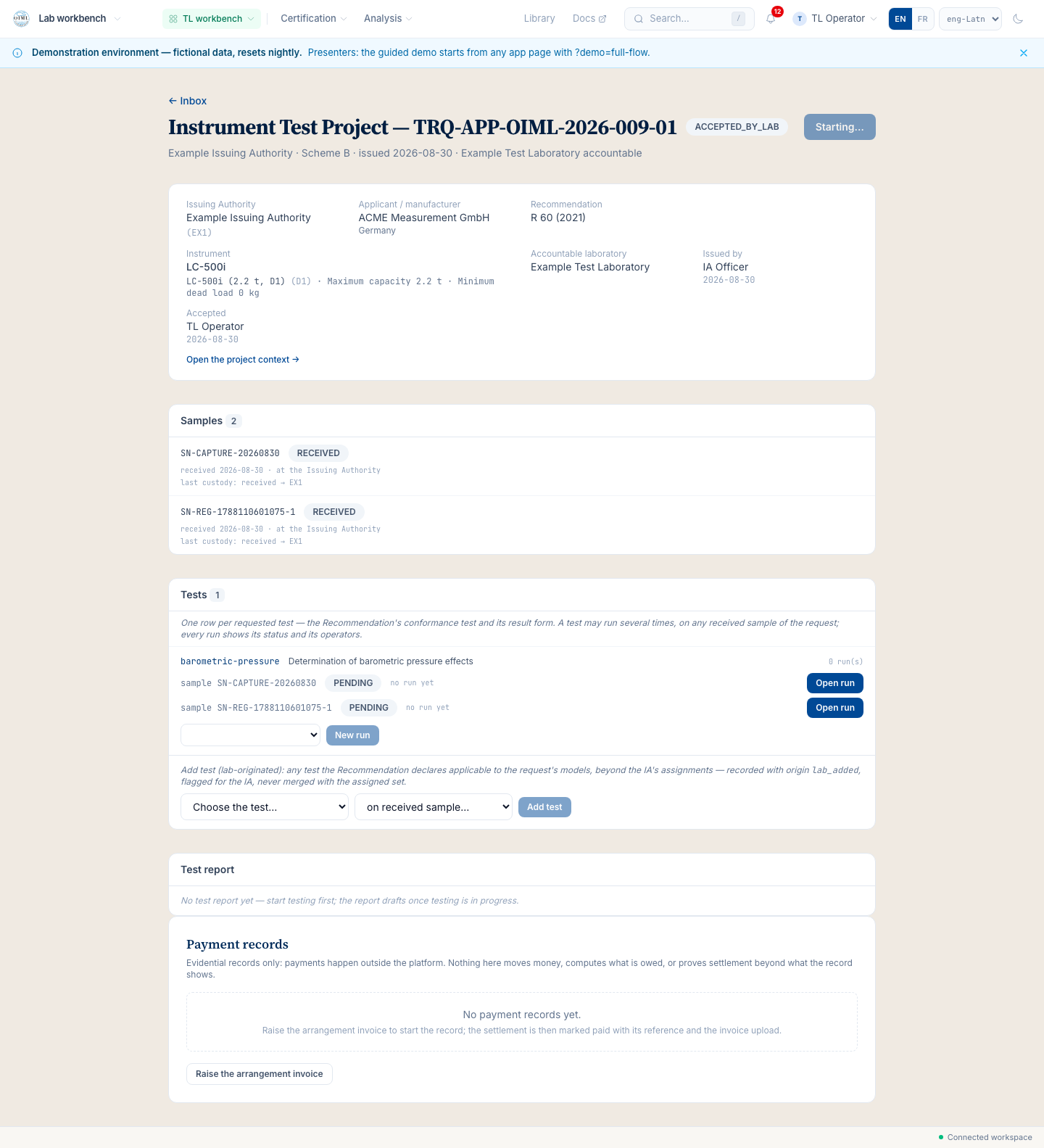 The test request after acceptance: the samples, the assignments, and the report panel revealed for work.
