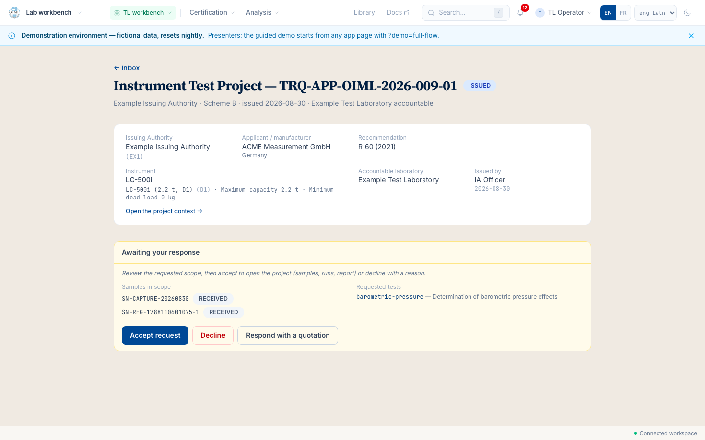 The test request opened: the assigned forms, the samples, the accept and decline acts.
