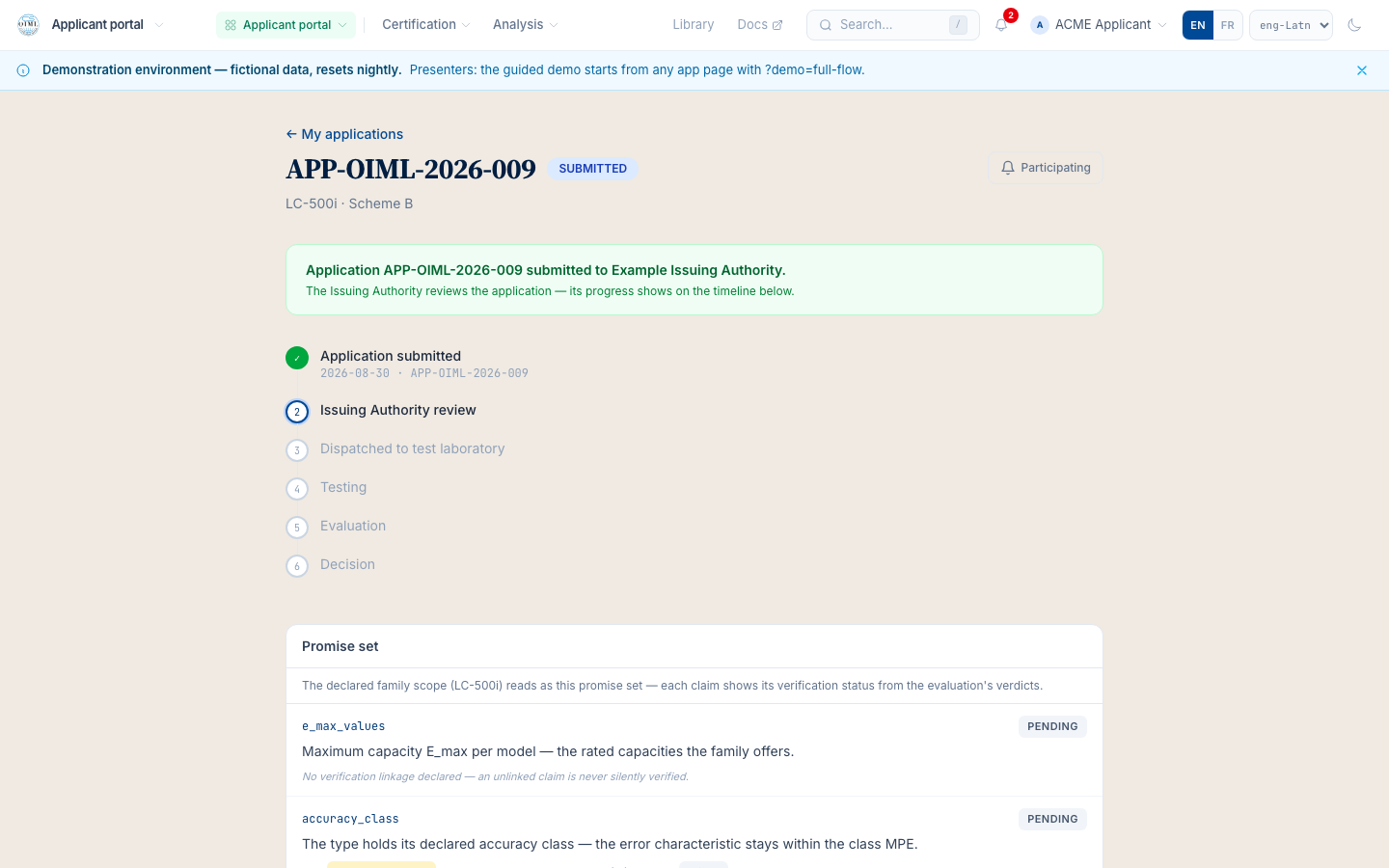 The application detail right after submission: SUBMITTED state, the journey open at step one, every later stage updating the same page.