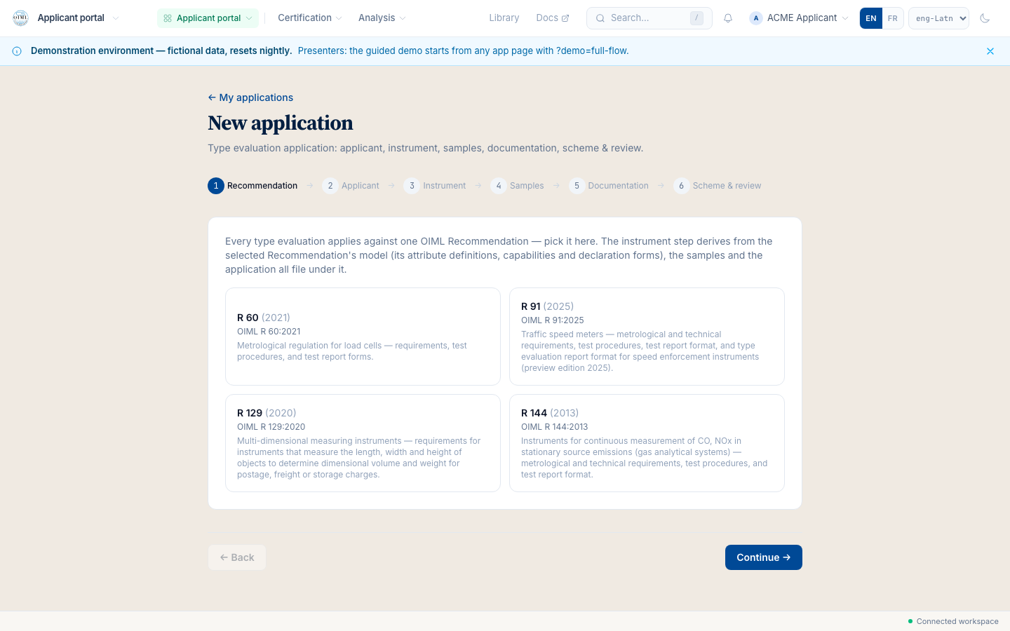 The new-application wizard, step 1 of 6: the Recommendation pick drives the rest of the form.