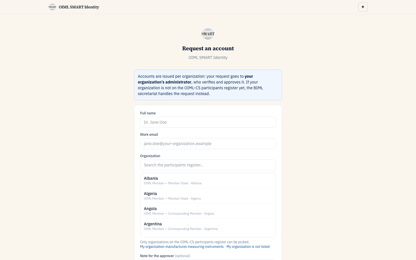 The identity service join flow: the member directory behind it, accounts per organization, your administrator's approval.