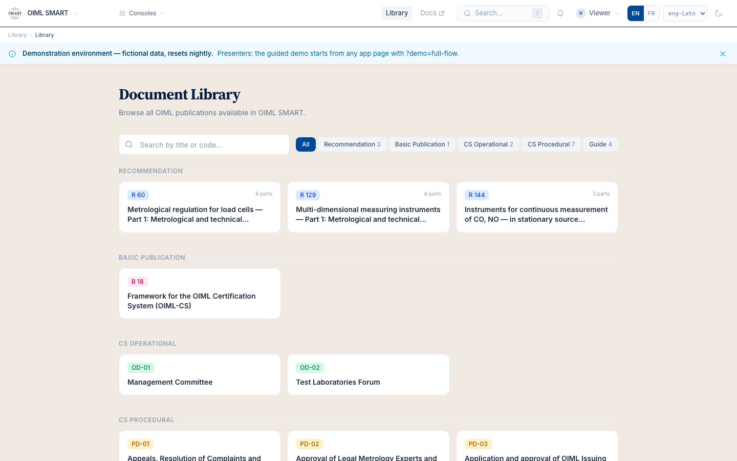 The library: the OIML corpus in one place, the same content every member reads.
