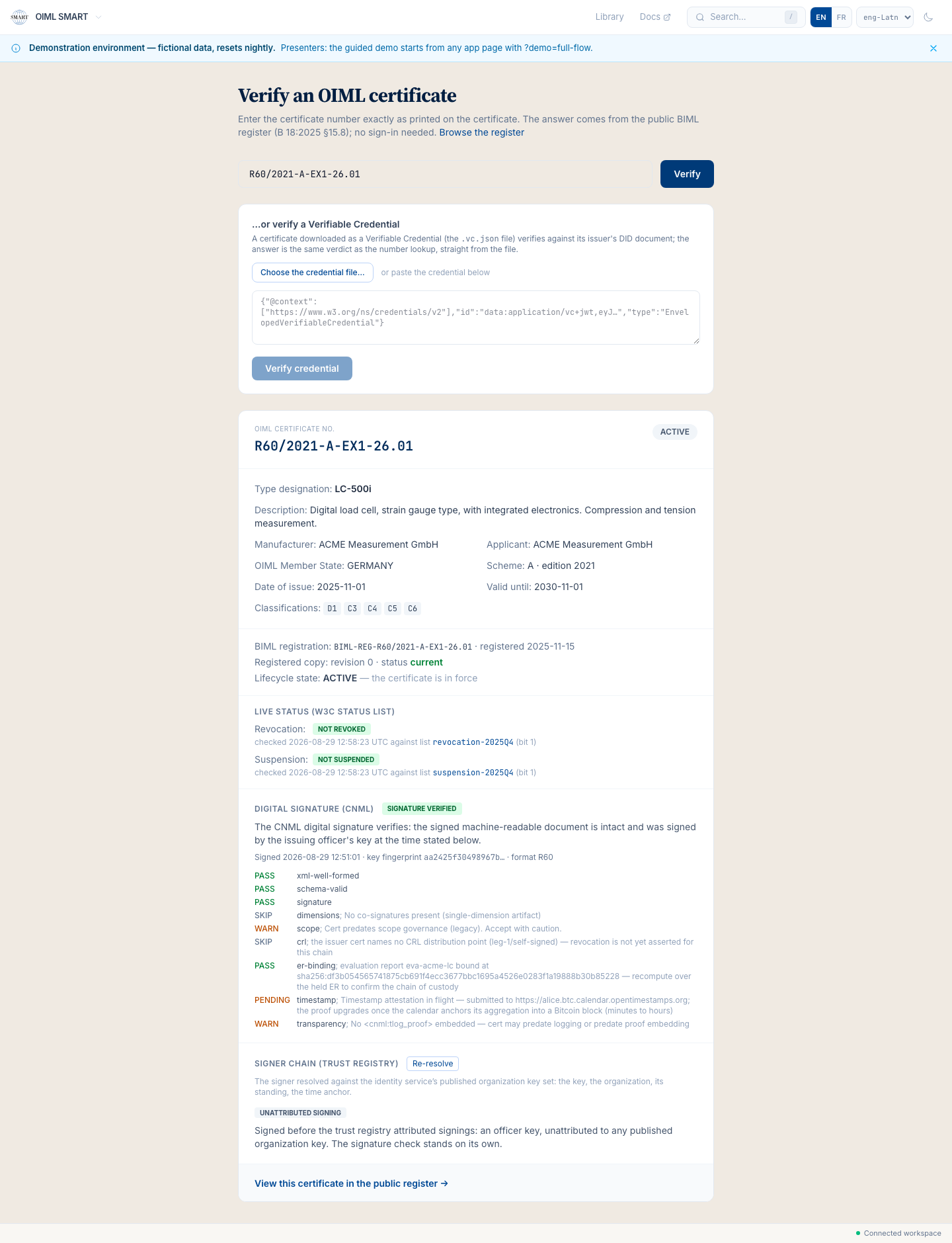 The verify page answering ACTIVE for R60/2021-A-EX1-26.01 with the register reference and the live status lists: verification is public.