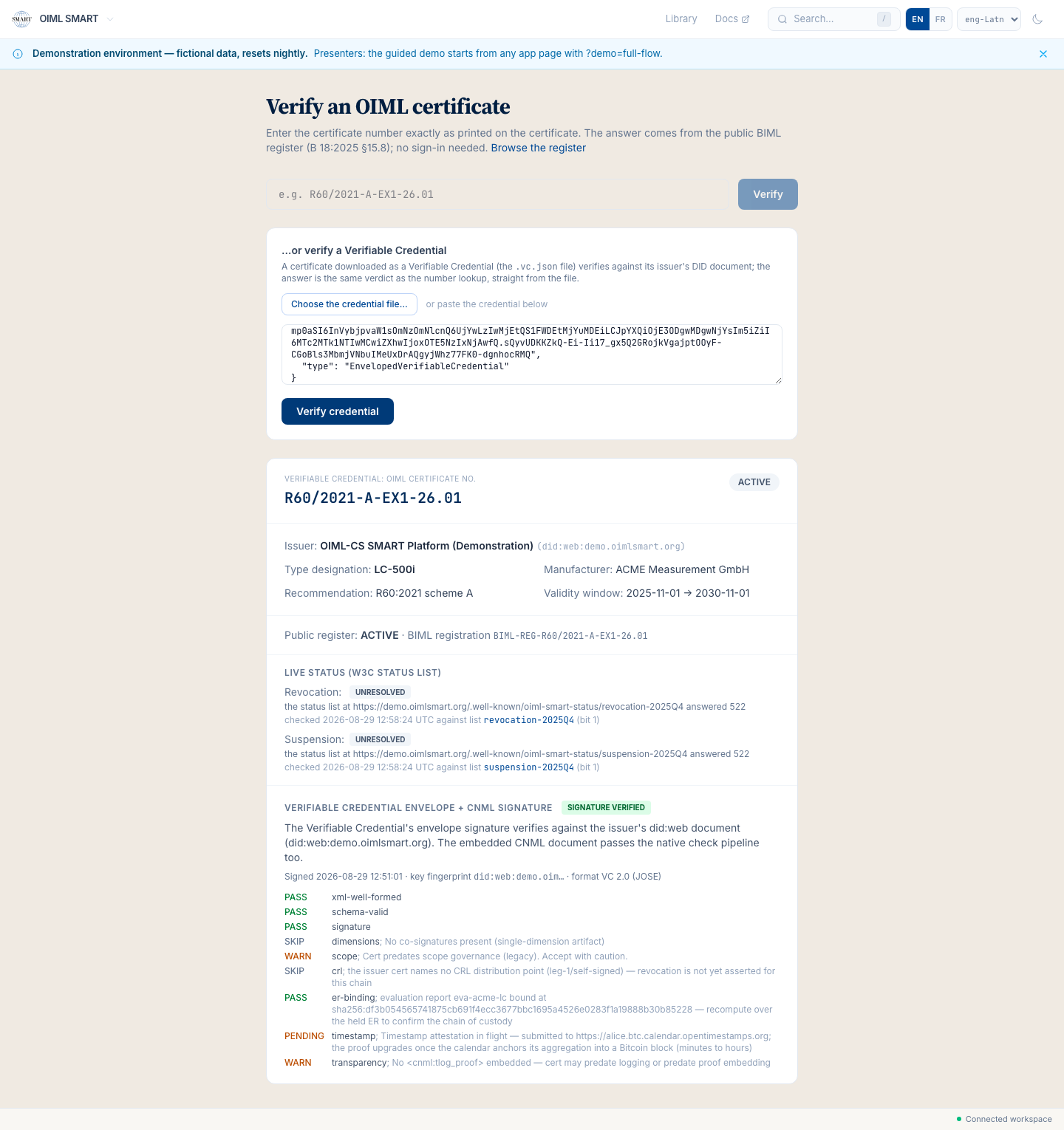 The credential verification verdict for the downloaded .vc.json file: ACTIVE, the issuer-DID signature check, the CNML check pipeline itemized.