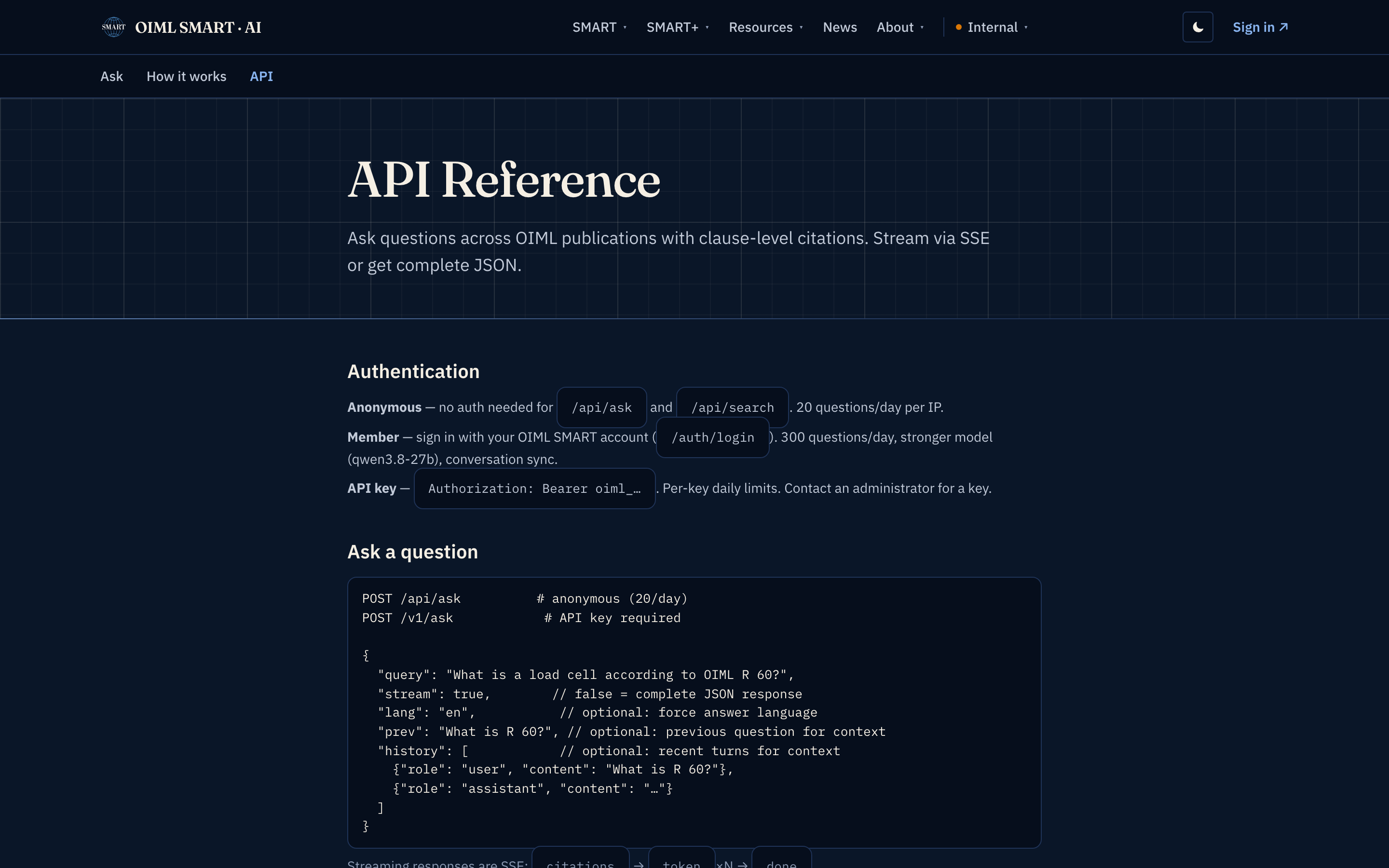 The API reference: POST /api/ask, the anonymous and member tiers with their daily allowances, SSE streaming