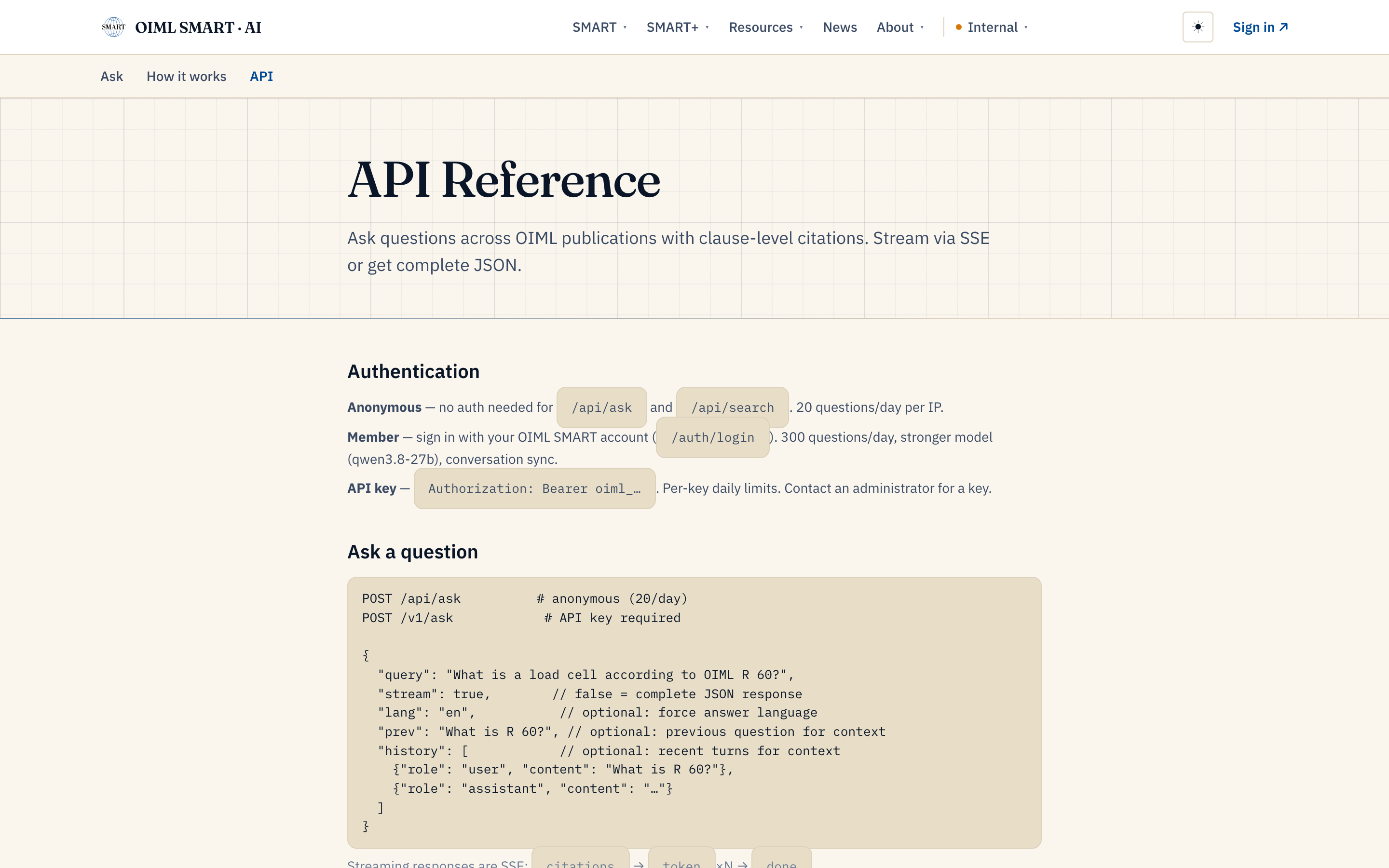 The API reference: POST /api/ask, the anonymous and member tiers with their daily allowances, SSE streaming