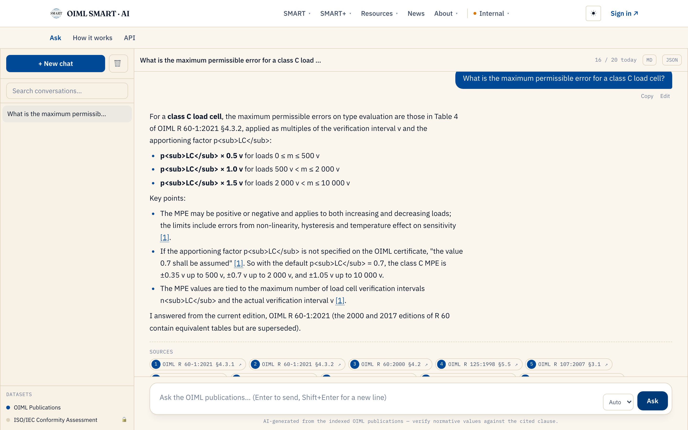 The AI service answering a question about class C load cell maximum permissible errors, with the SOURCES panel listing OIML R 60 clauses