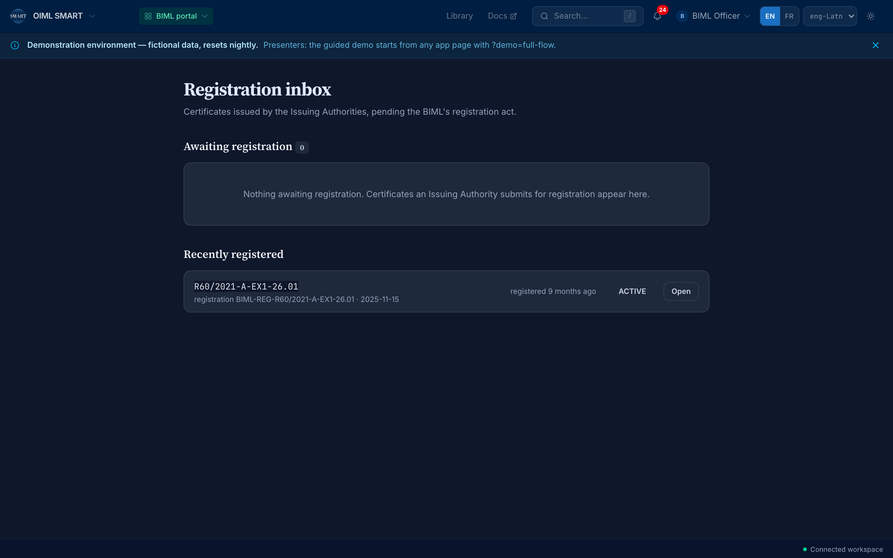 The BIML console on the demo instance: the registration inbox and the recently registered worked-example certificate