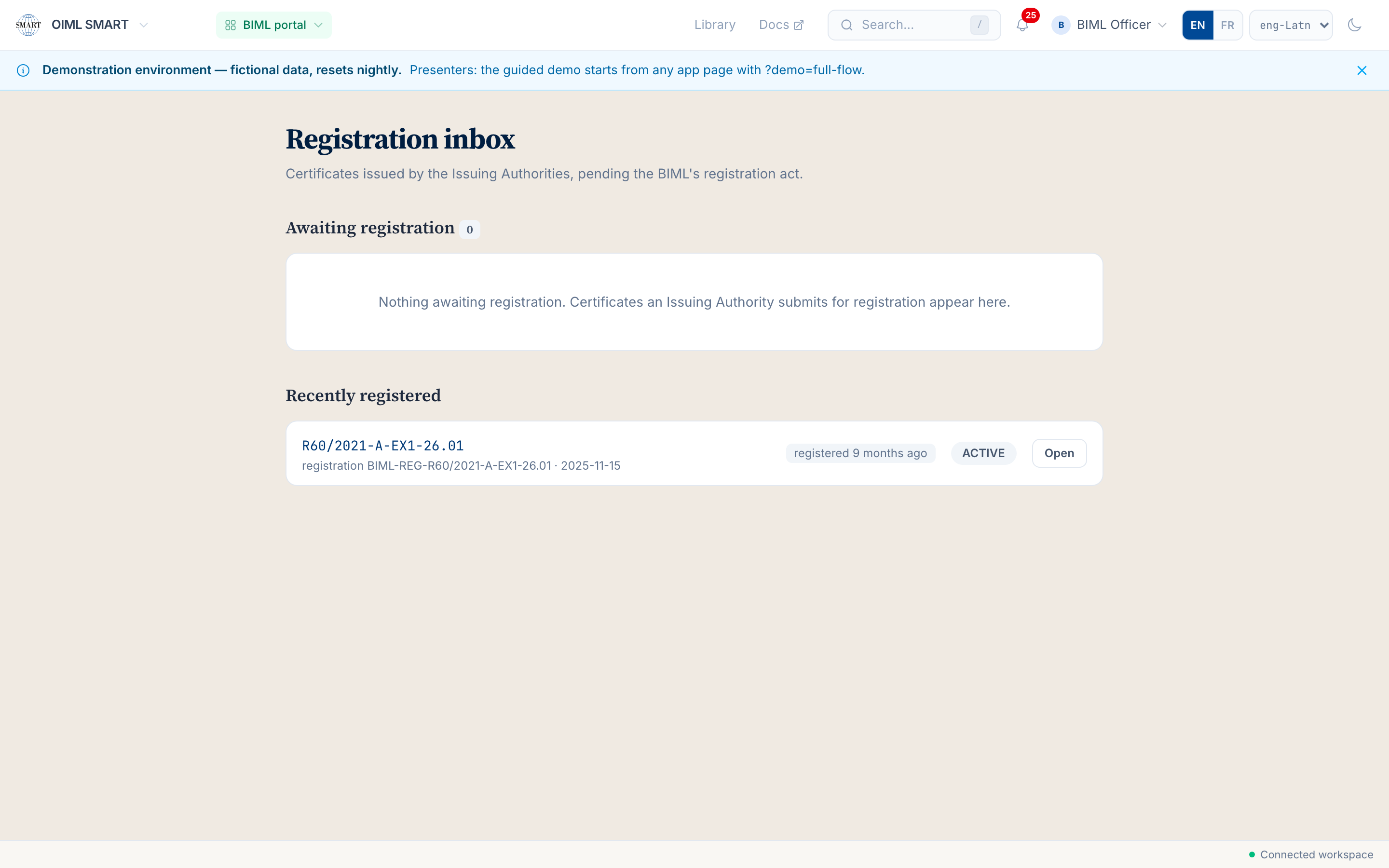 The BIML console on the demo instance: the registration inbox and the recently registered worked-example certificate