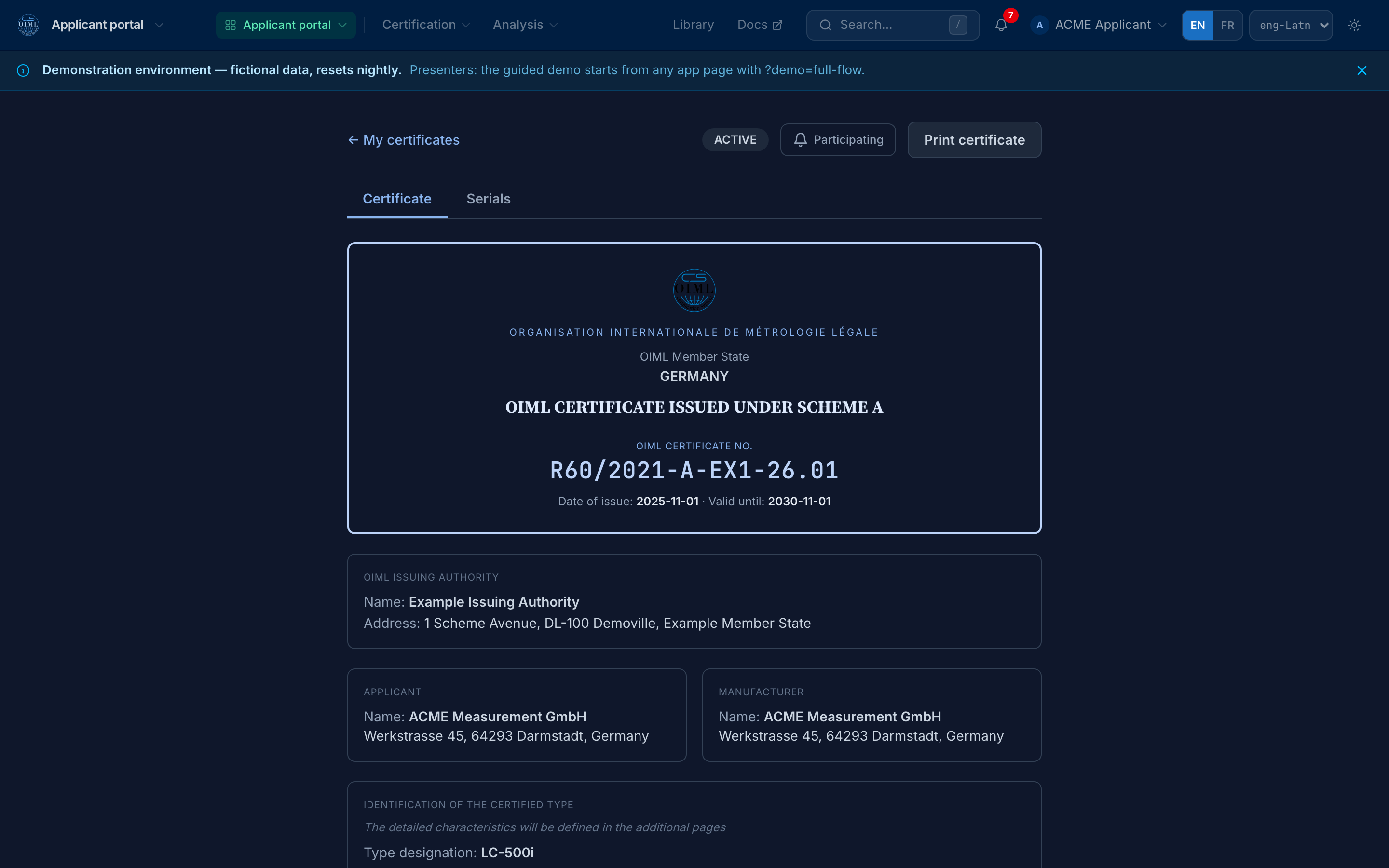 The worked-example certificate R60/2021-A-EX1-26.01: ACTIVE, with the classification table, conditions, revision history, and the verify-against-the-register pointer