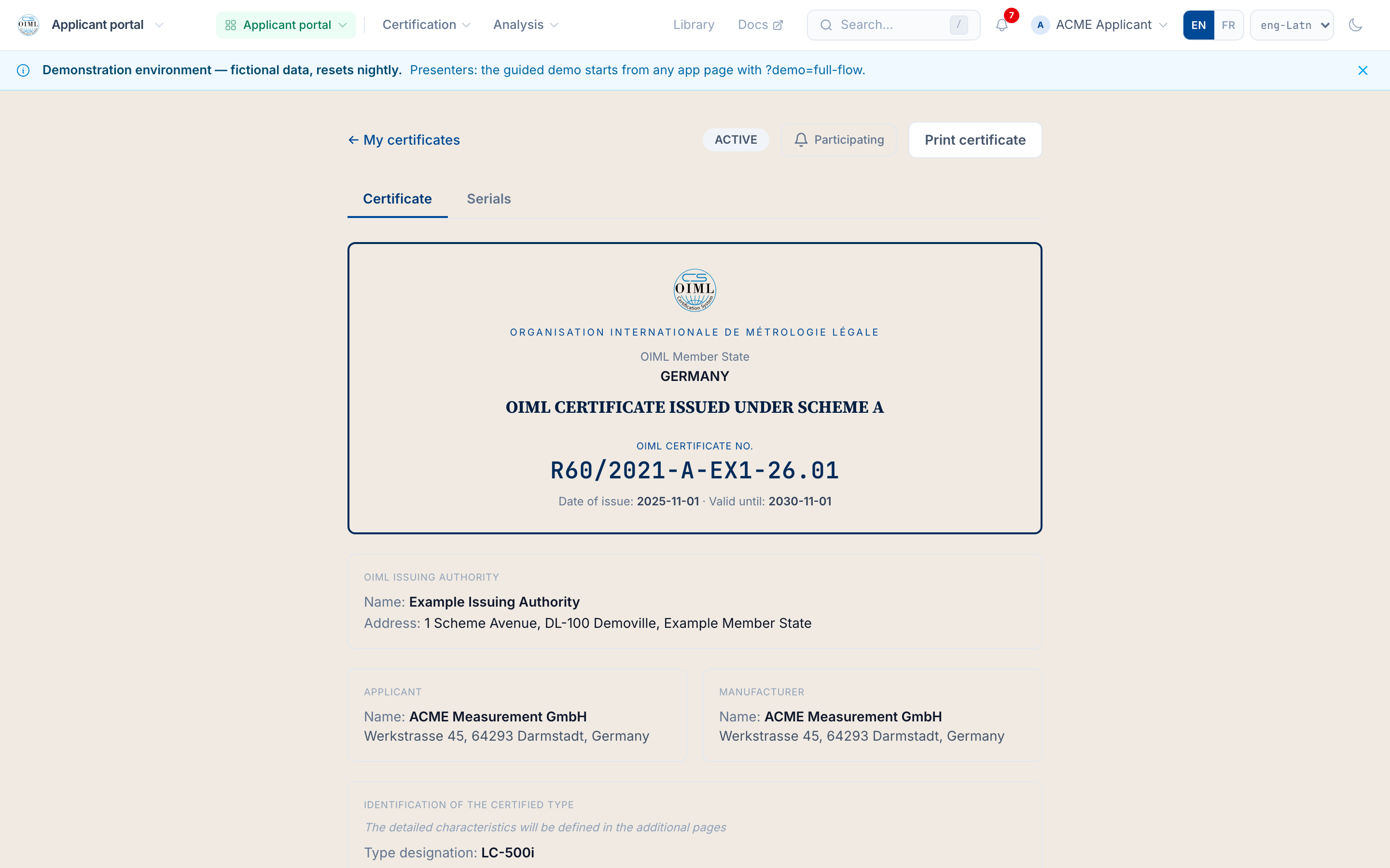 The worked-example certificate R60/2021-A-EX1-26.01: ACTIVE, with the classification table, conditions, revision history, and the verify-against-the-register pointer