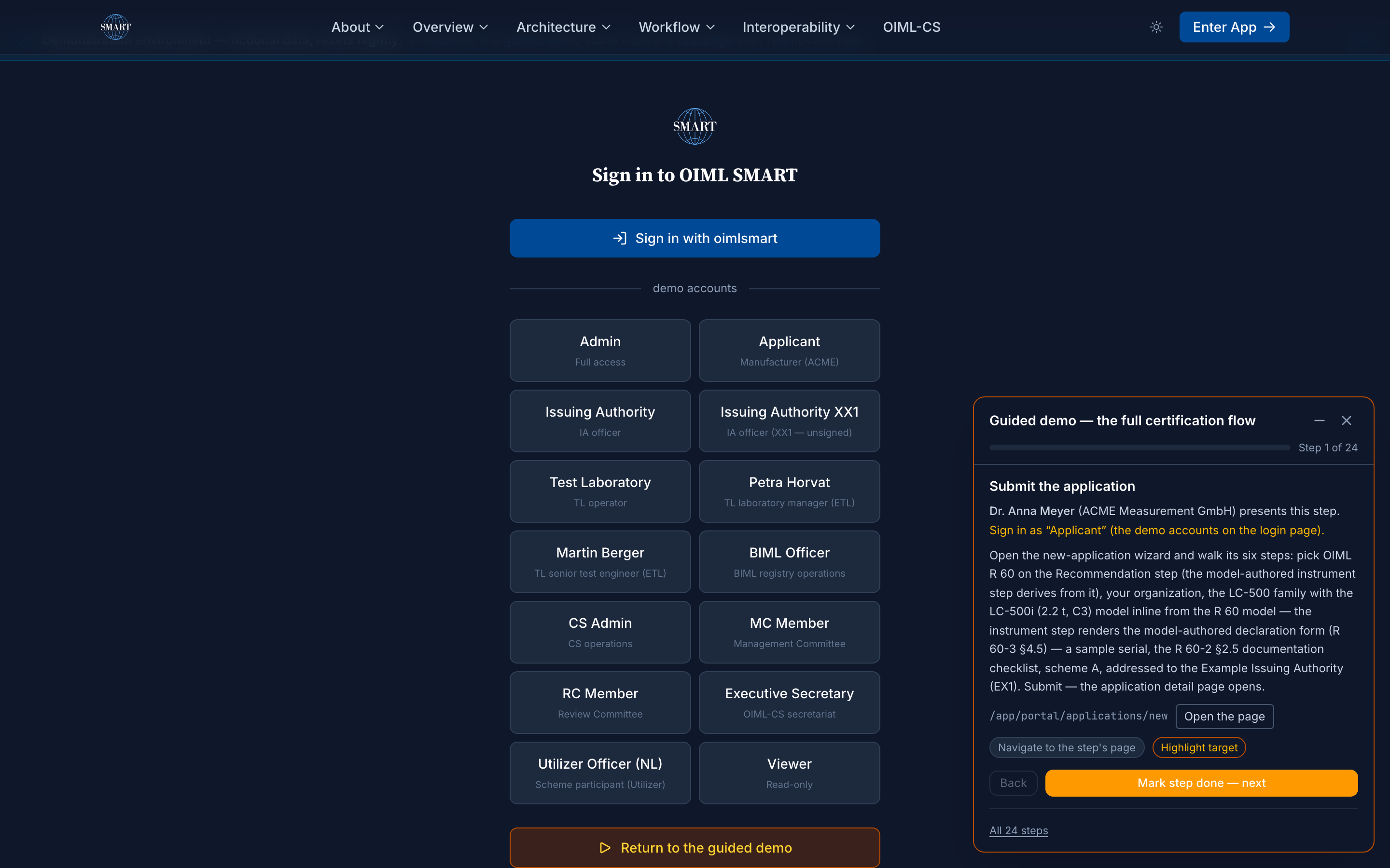 The guided demo presenter script on the login page: the full certification flow, step 1 of 22, Submit the application