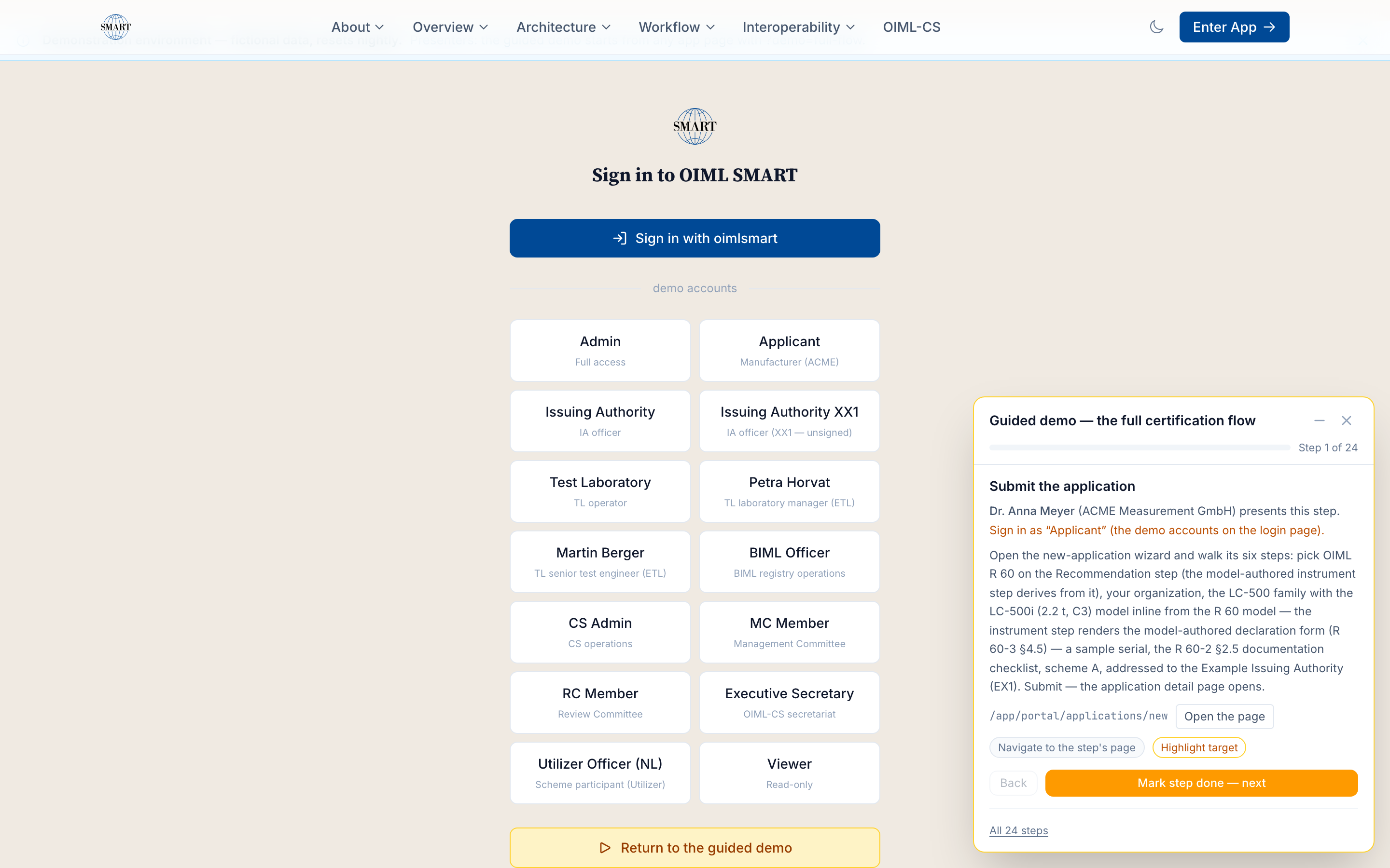 The guided demo presenter script on the login page: the full certification flow, step 1 of 22, Submit the application