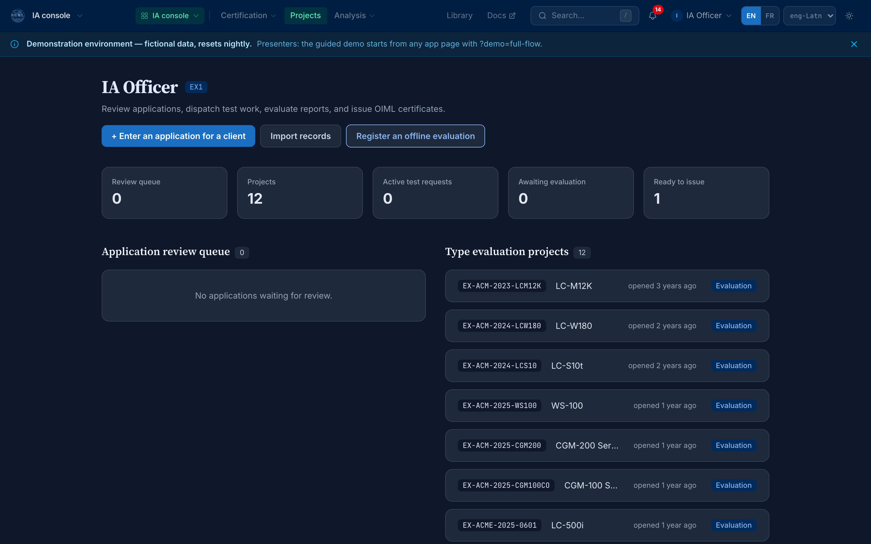 The IA console on the demo instance: the review queue, twelve type evaluation projects, ready to issue