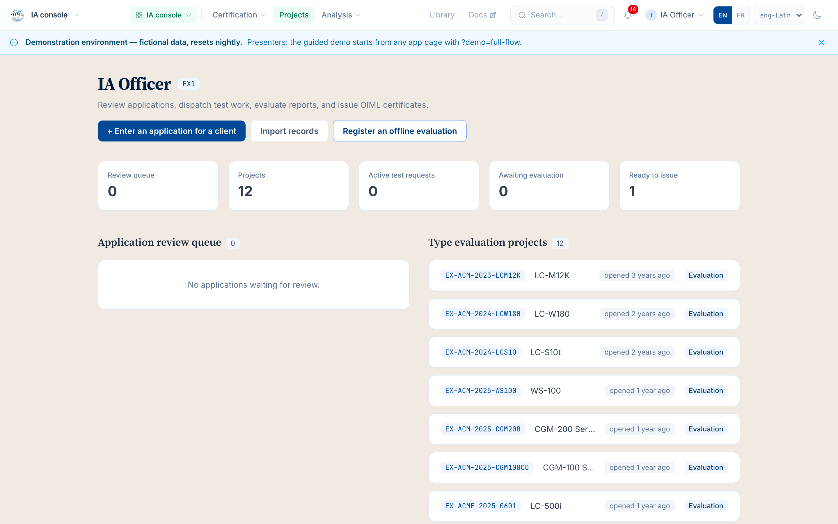 The IA console on the demo instance: the review queue, twelve type evaluation projects, ready to issue