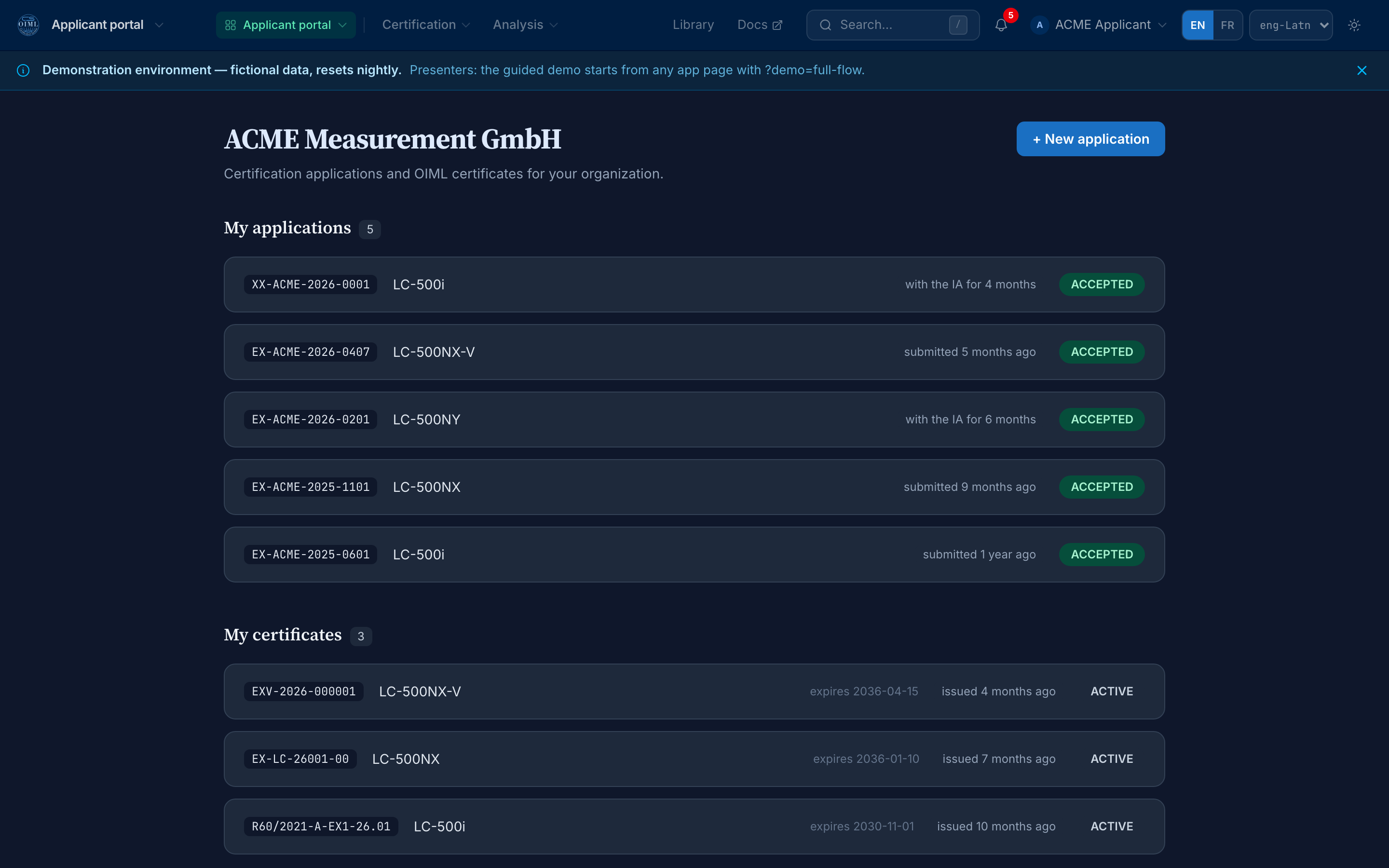 The applicant portal on the demo instance: applications and certificates with their states