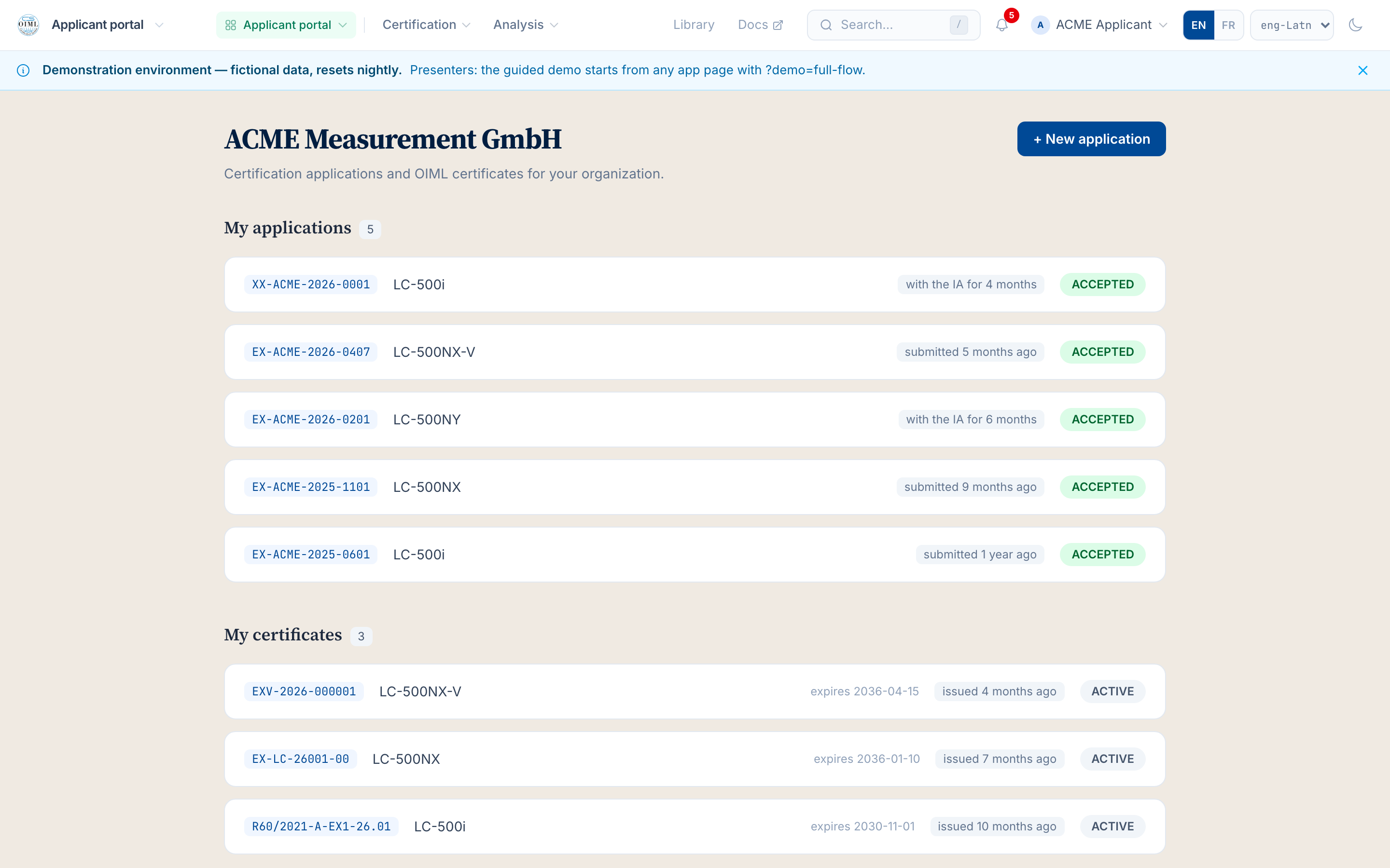 The applicant portal on the demo instance: applications and certificates with their states