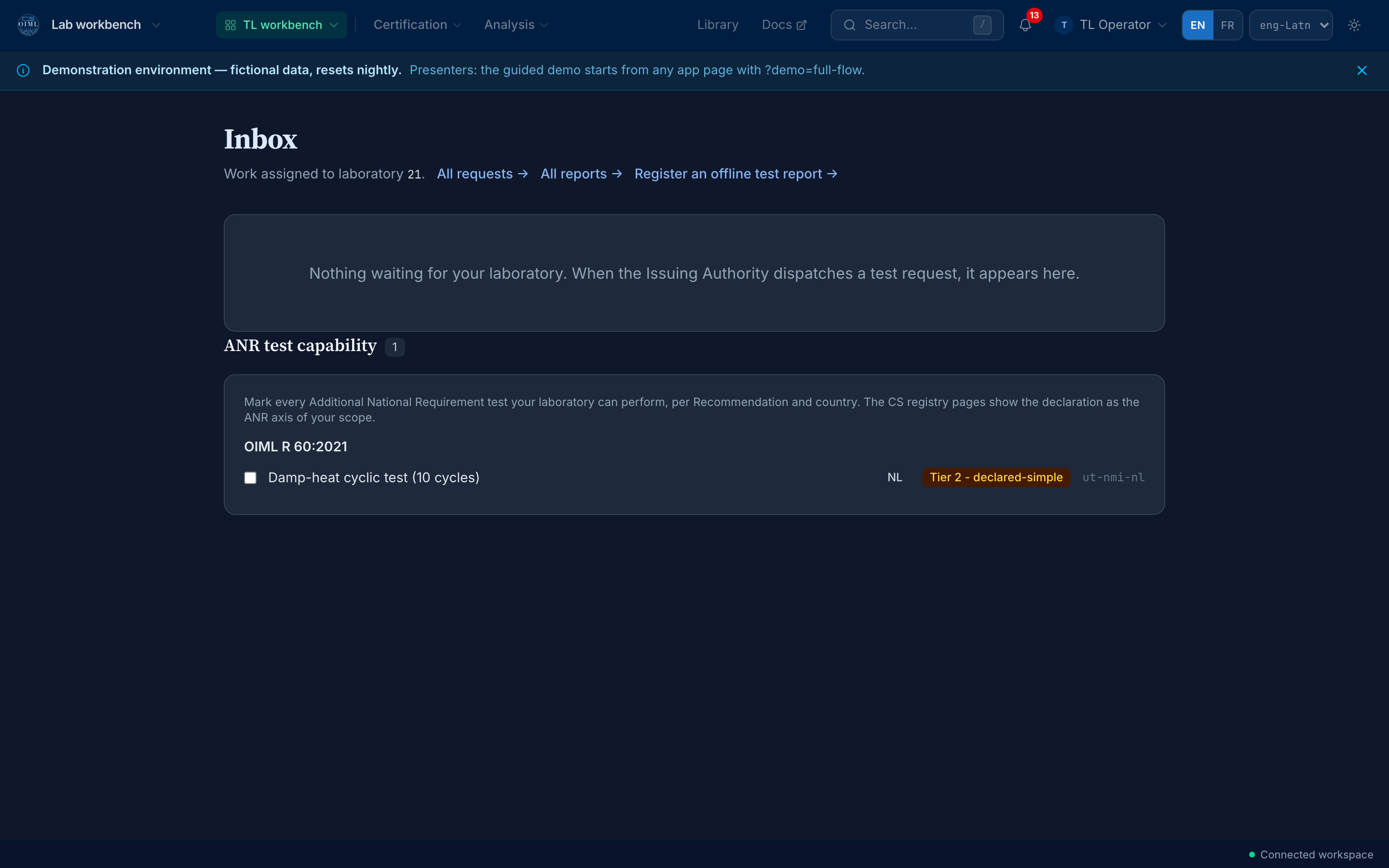 The TL workbench on the demo instance: the dispatch inbox and the ANR test capability declaration