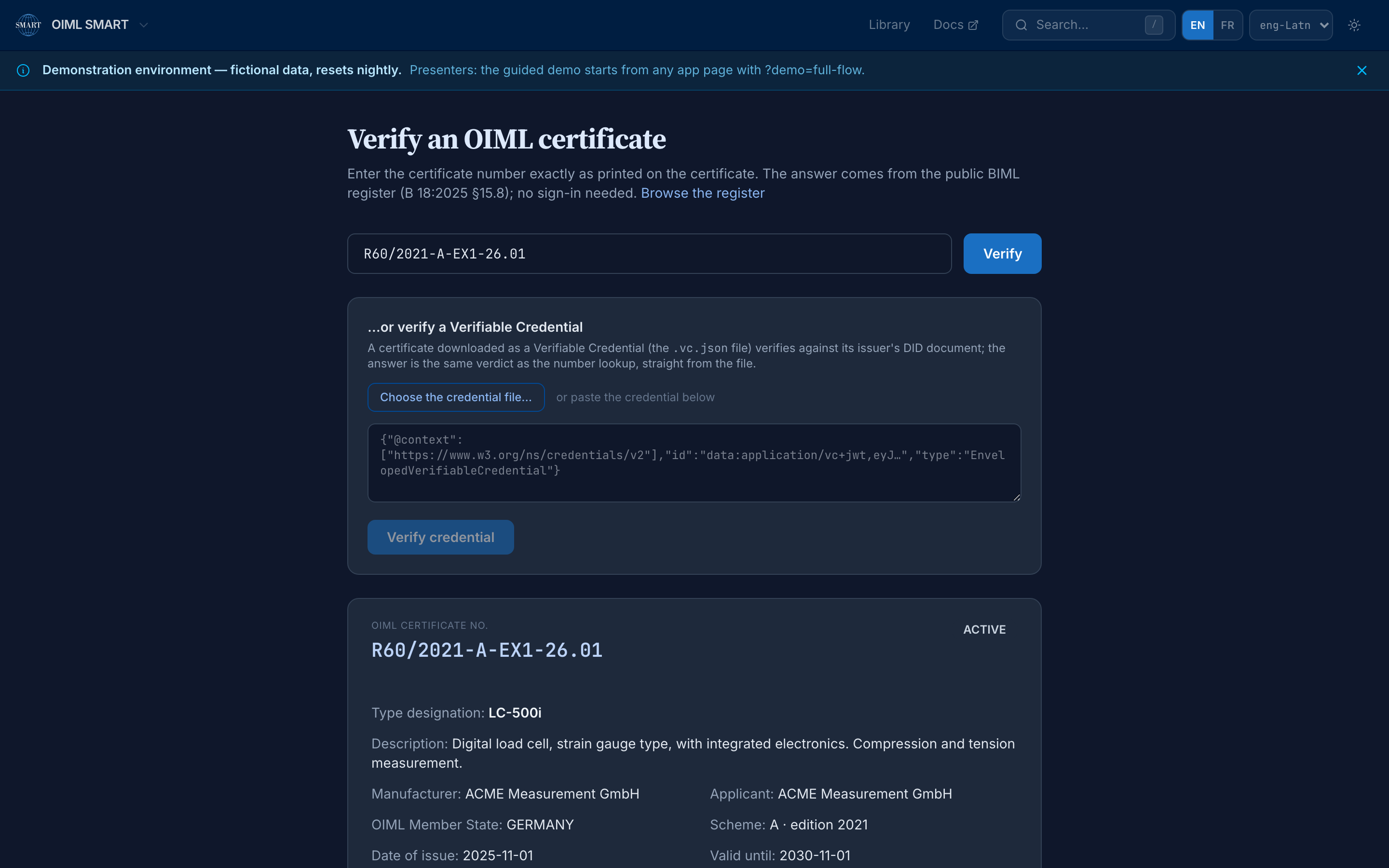 The public verify page on the demo instance: the worked-example certificate ACTIVE, BIML-registered, not revoked, not suspended