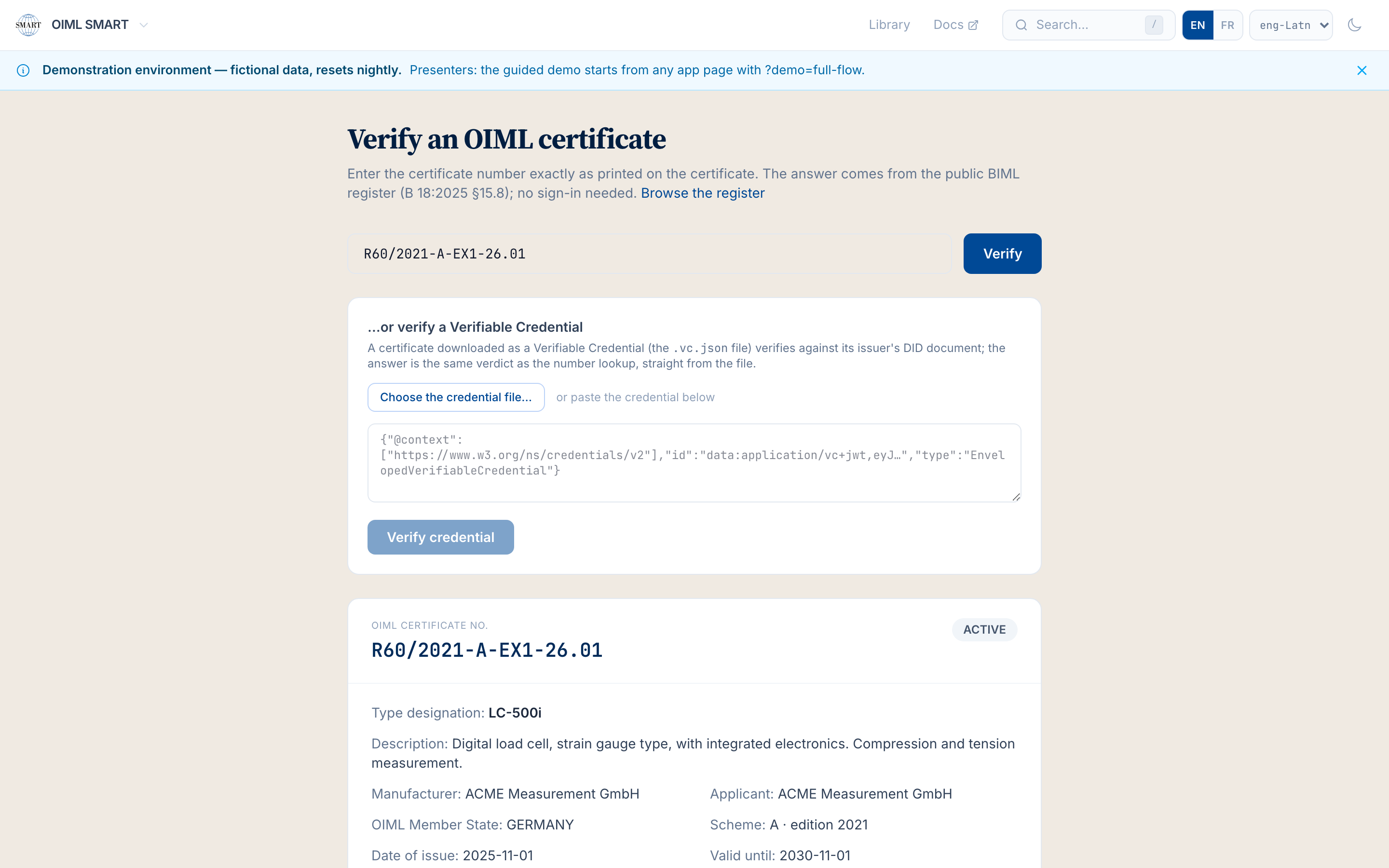 The public verify page on the demo instance: the worked-example certificate ACTIVE, BIML-registered, not revoked, not suspended