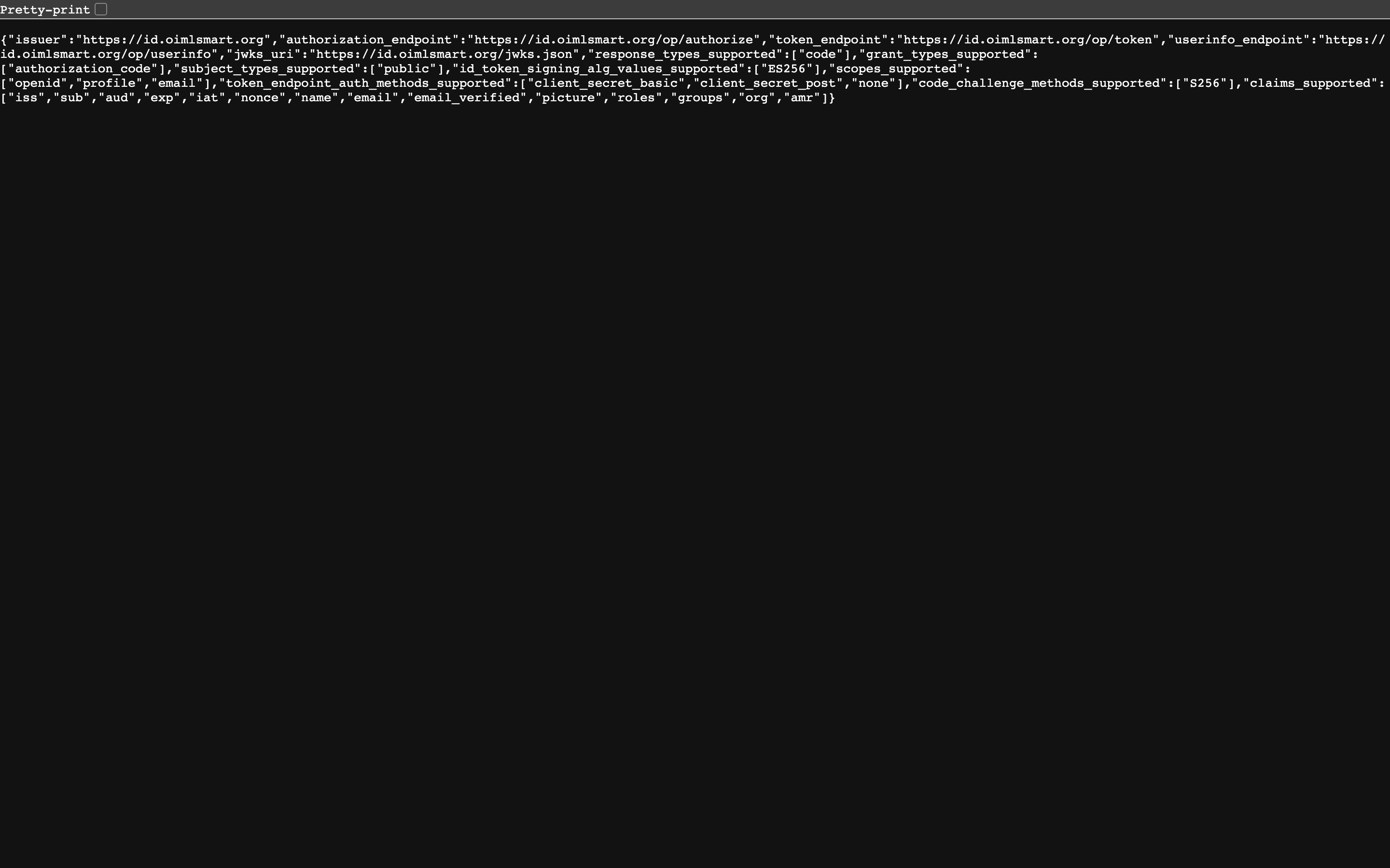 The OpenID discovery document JSON: issuer, authorization_endpoint, token_endpoint