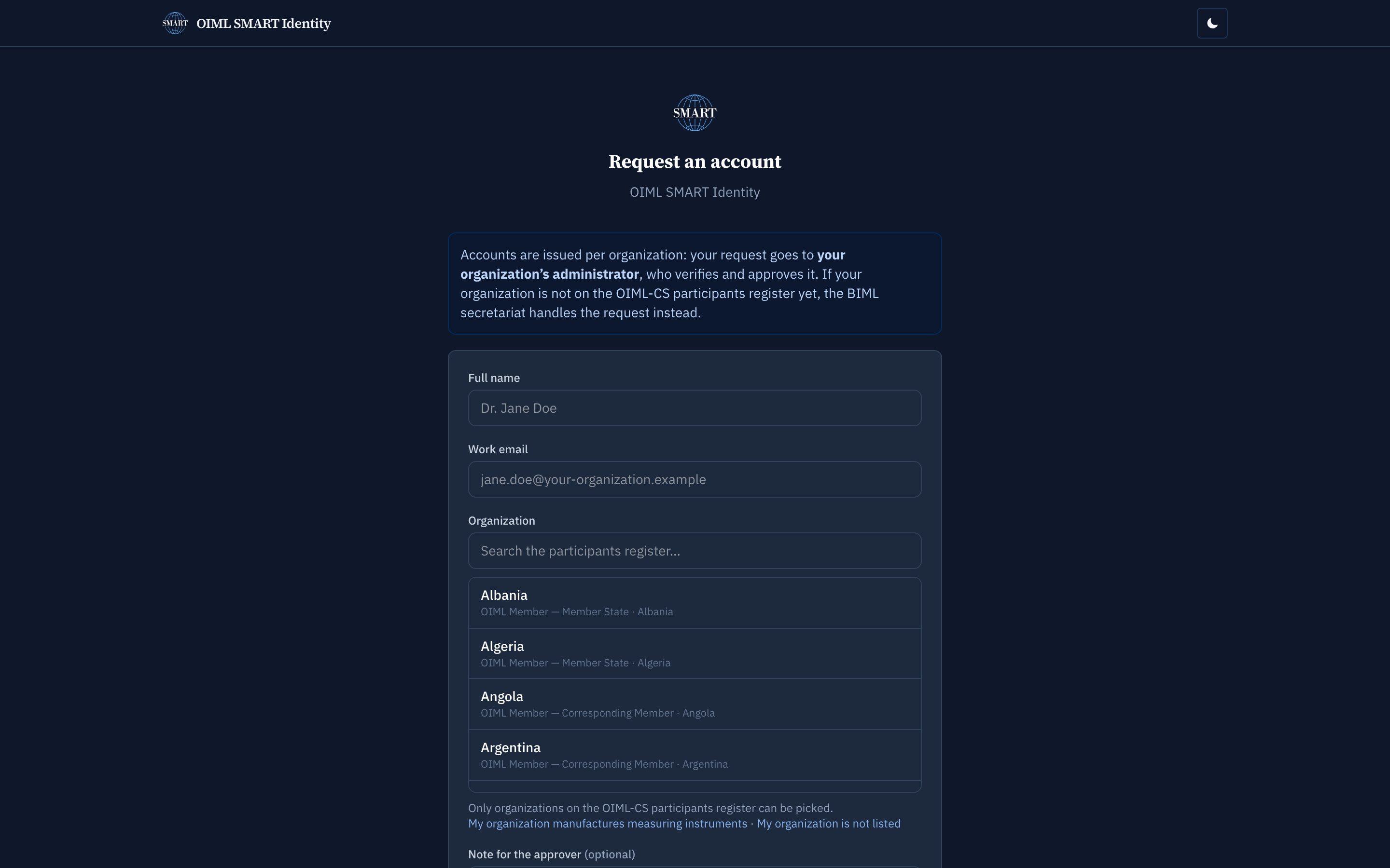 The join flow: full name, work email, and the organization selector listing the OIML-CS participants register with each organization labeled by kind