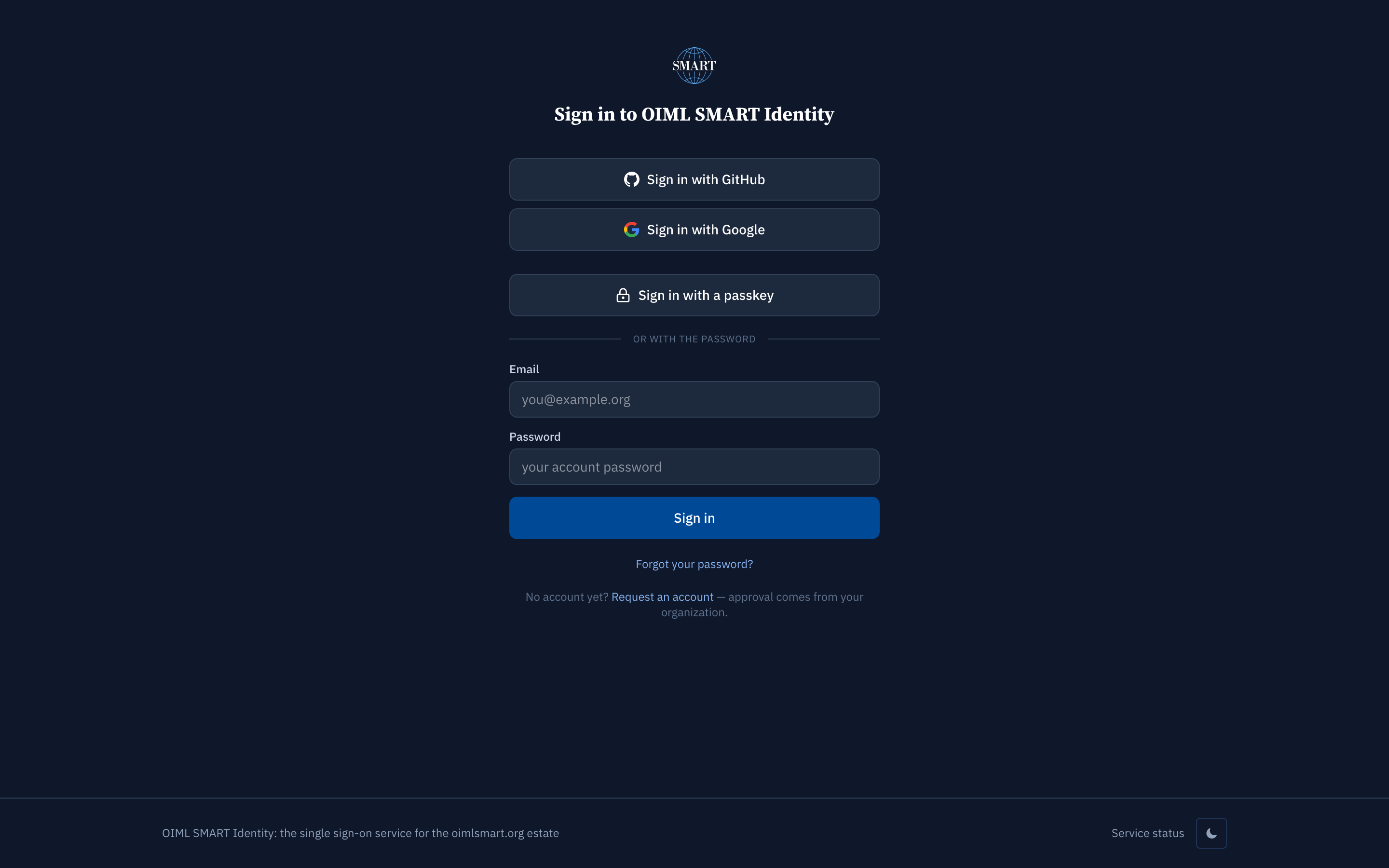 The OIML SMART Identity sign-in page: Sign in with GitHub, Sign in with Google, Sign in with a passkey, or email and password