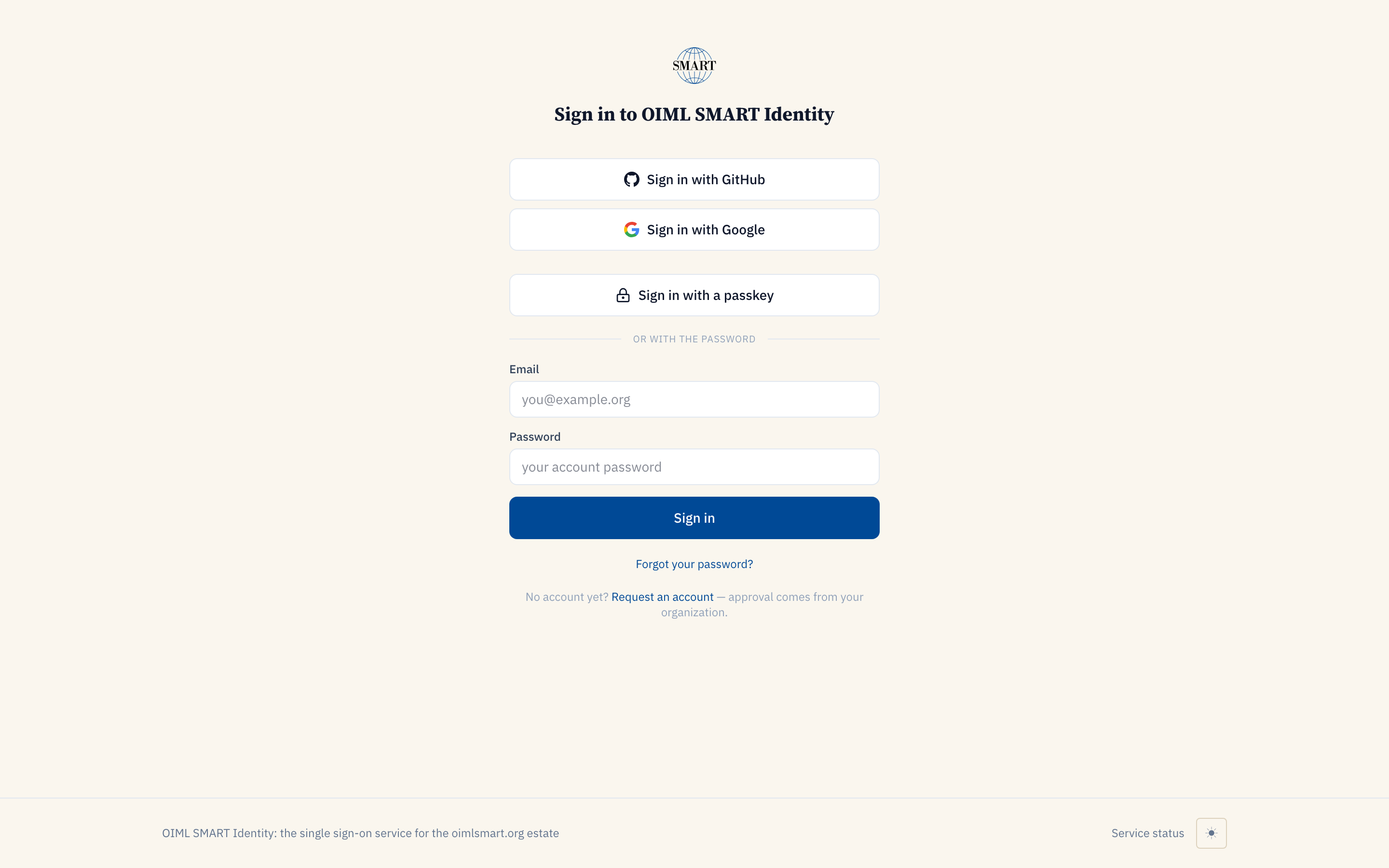 The OIML SMART Identity sign-in page: Sign in with GitHub, Sign in with Google, Sign in with a passkey, or email and password