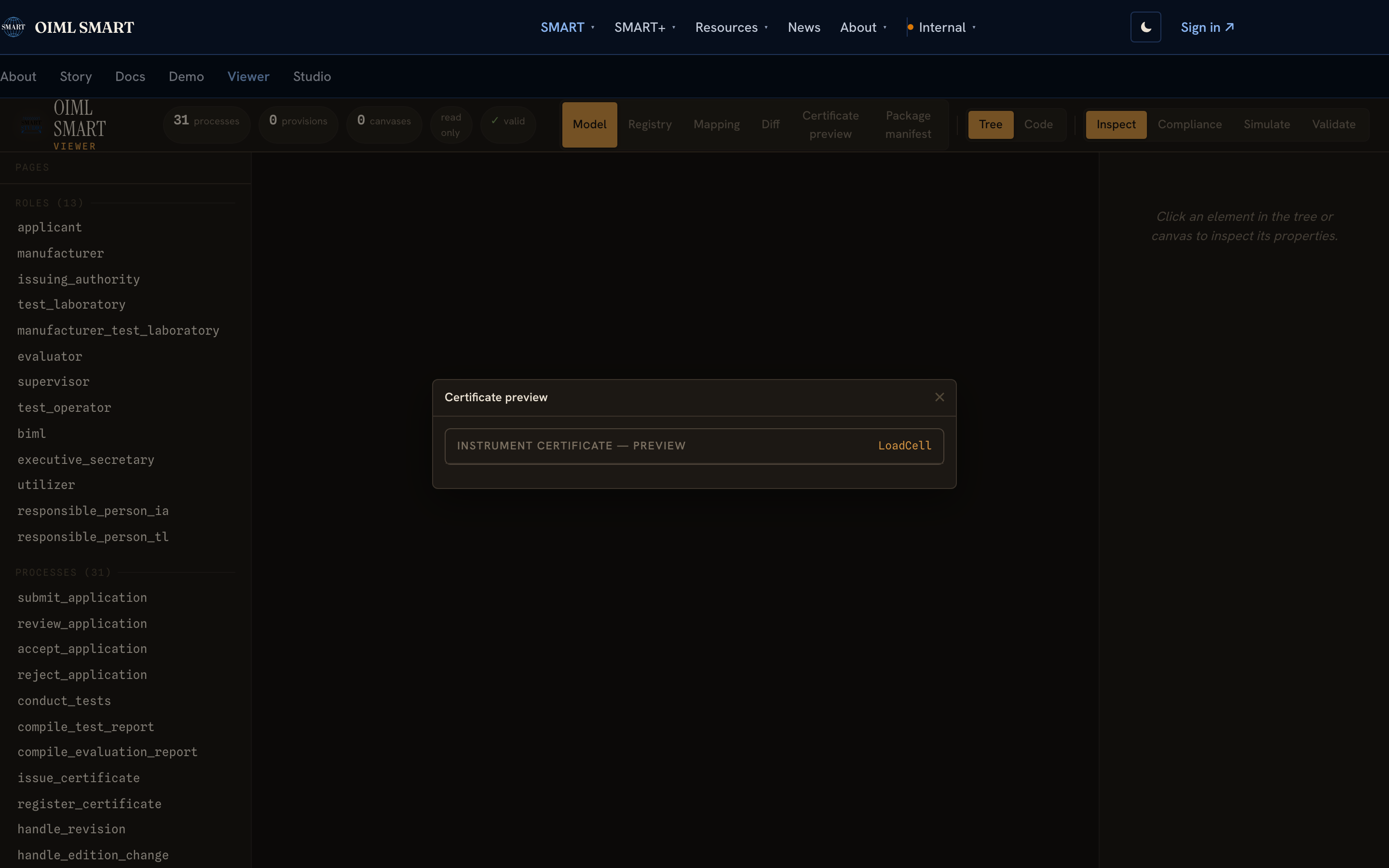 The certificate preview modal: INSTRUMENT CERTIFICATE, PREVIEW, rendered from the R 60 model