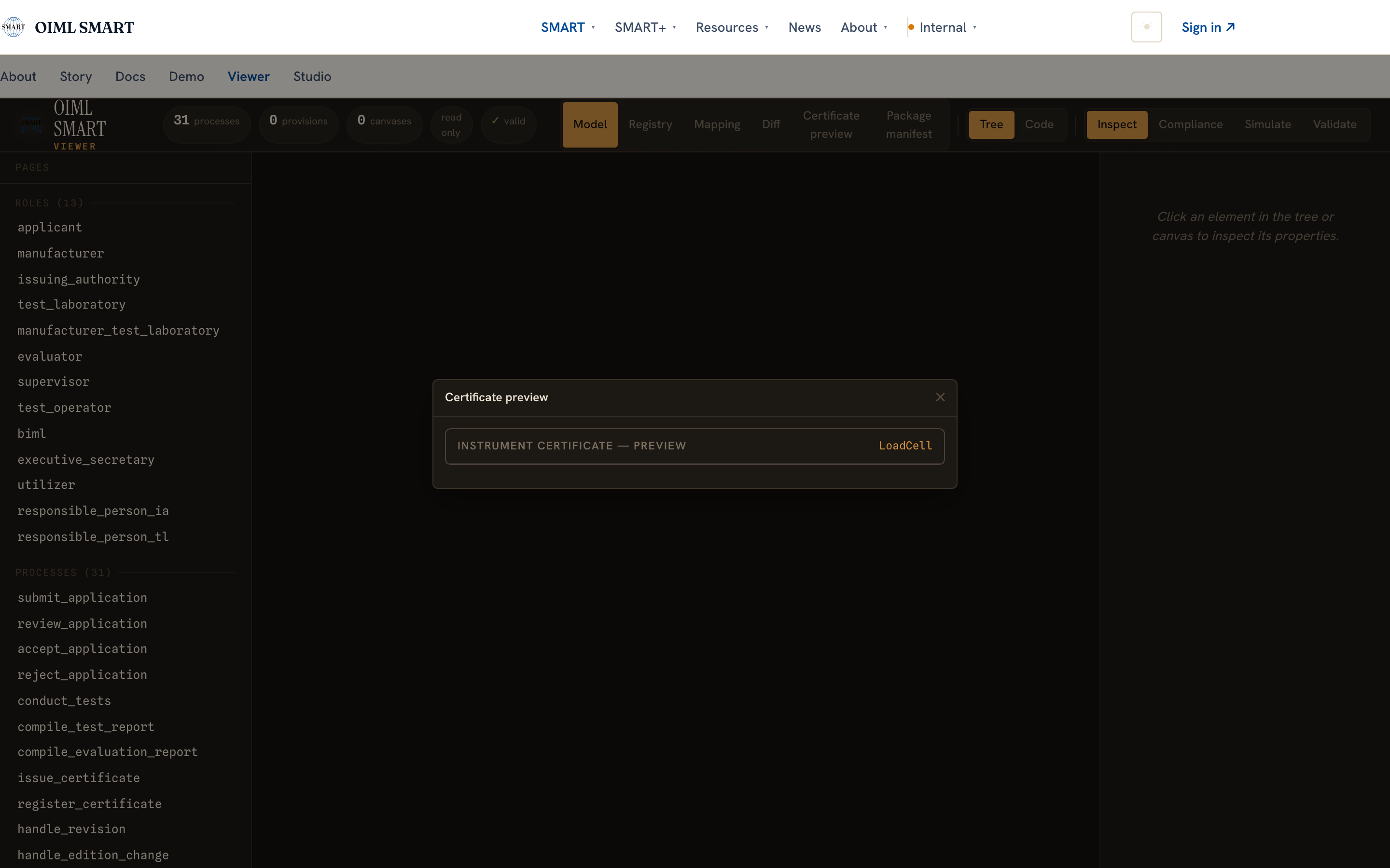 The certificate preview modal: INSTRUMENT CERTIFICATE, PREVIEW, rendered from the R 60 model