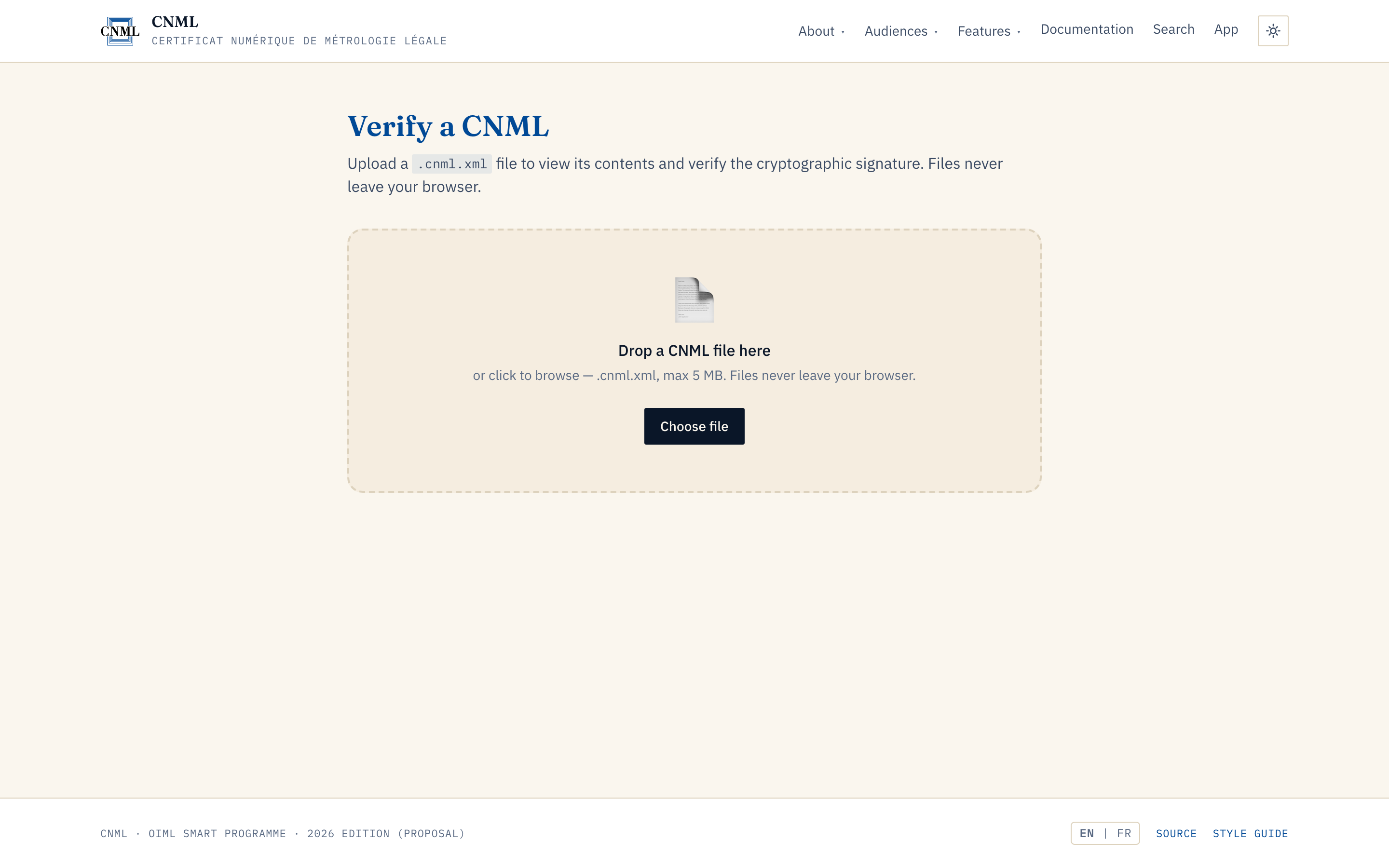The CNML verify page: drop a .cnml.xml file and the nine-check pipeline runs in the browser, account-free; files never leave the machine