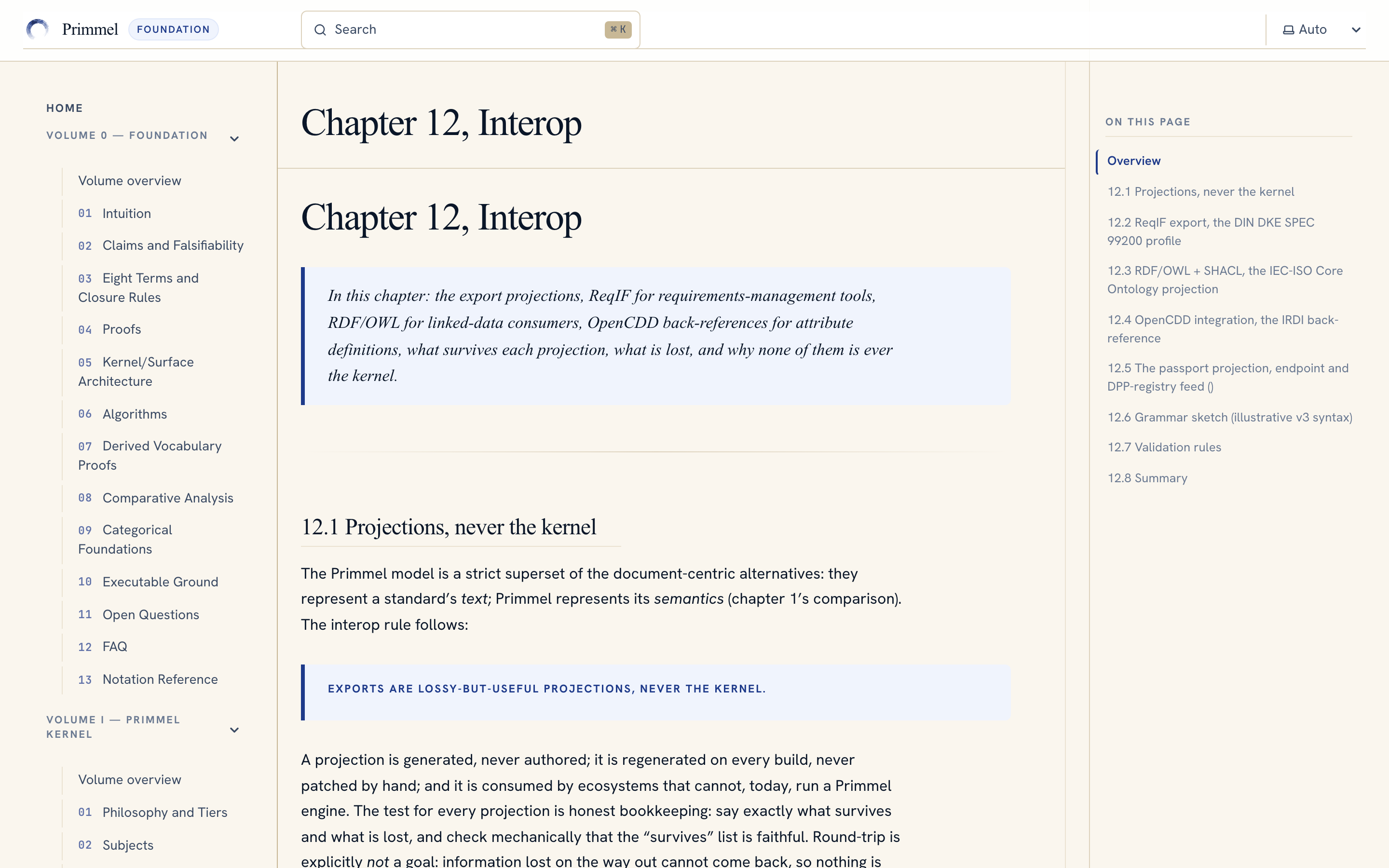 The interop chapter of the language volume: the export projections with their fidelity bookkeeping, what each format carries and what it loses