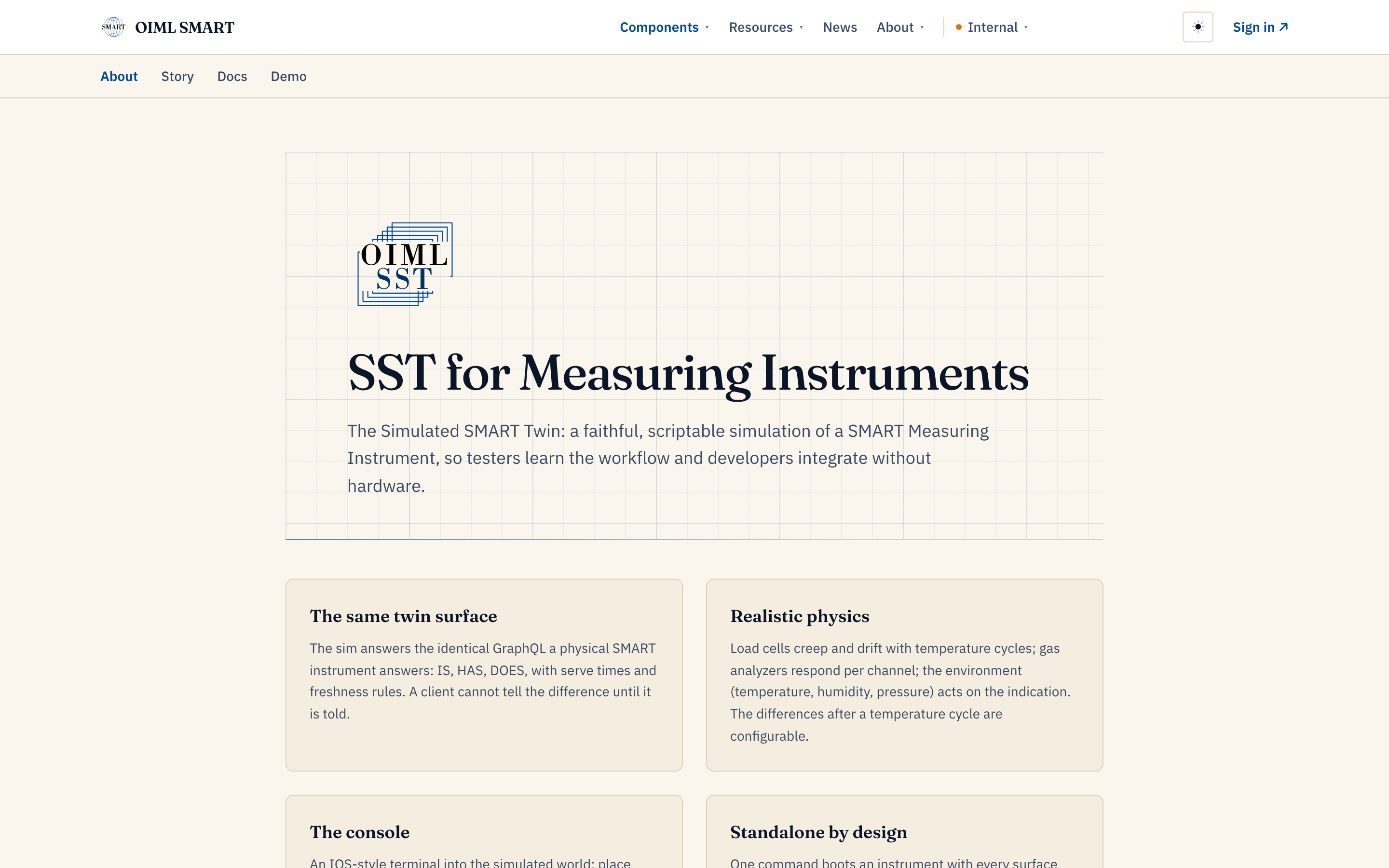 The SMI Simulation site: the simulated measuring instruments, their consoles, and the scenario library