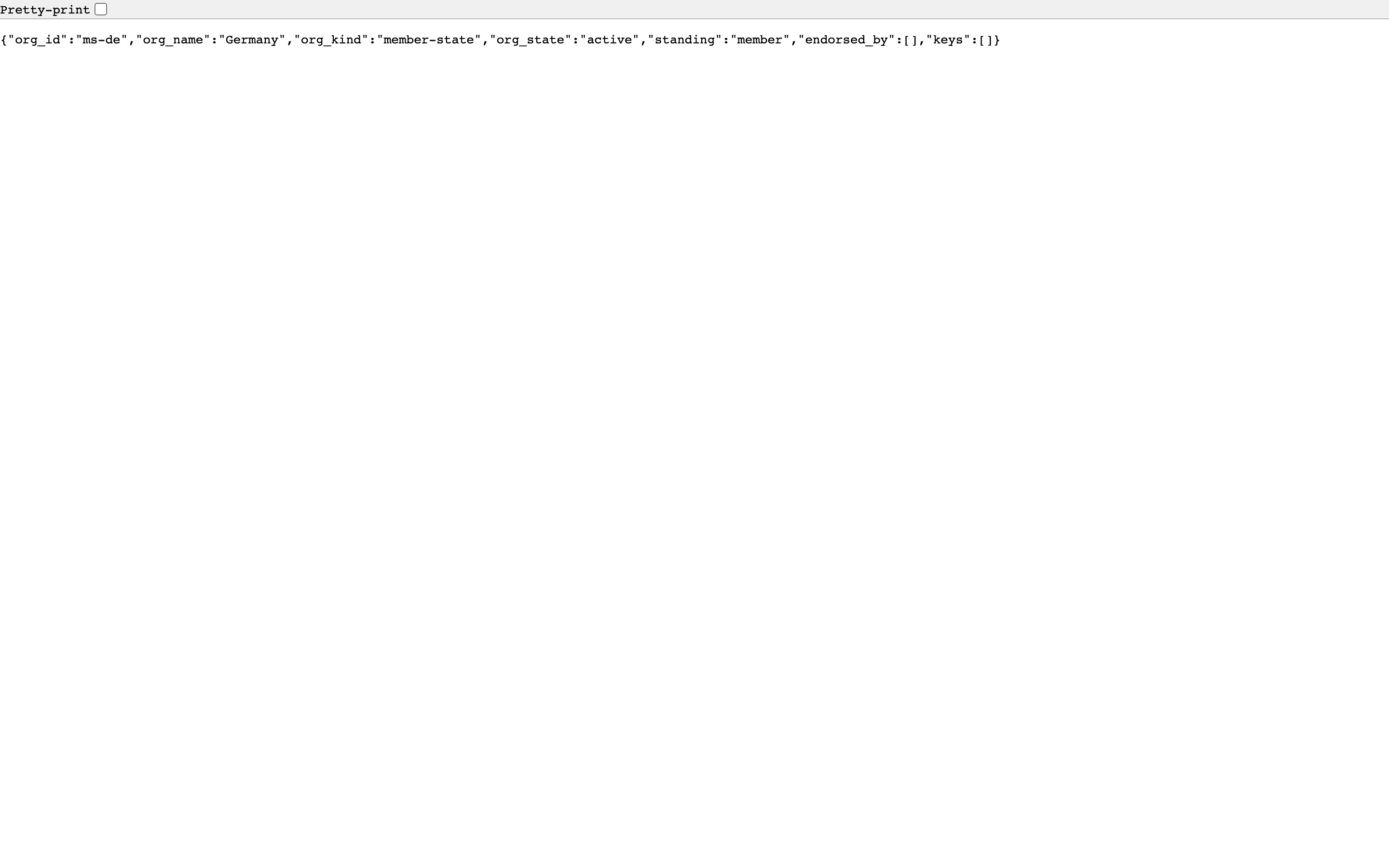 The registry's live answer for a member state: the organization, its kind, its state, its standing, and its key set (empty until the organization enrolls keys)