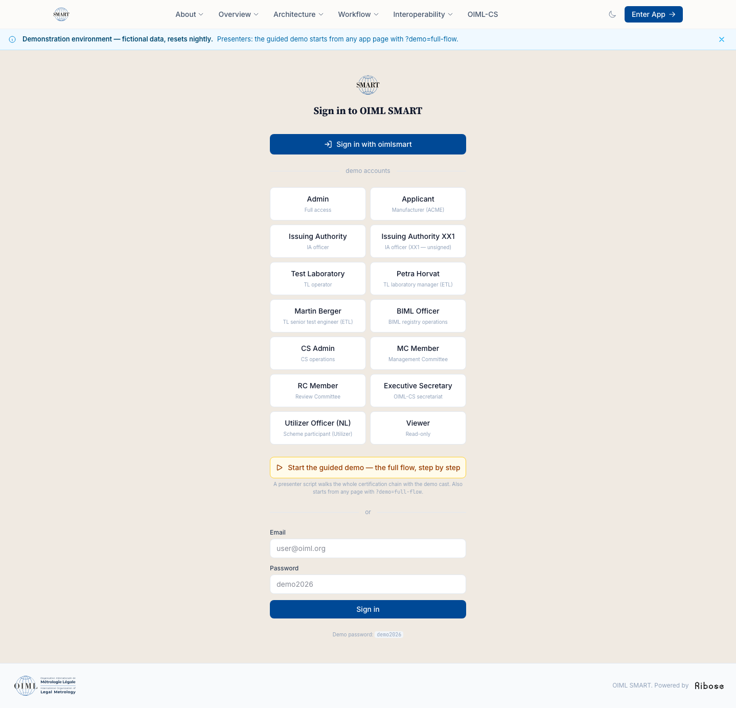 The CS-operated hub posture: the demo instance's sign-in through the identity service, the demo cast as persona cards, every role on one deployment.