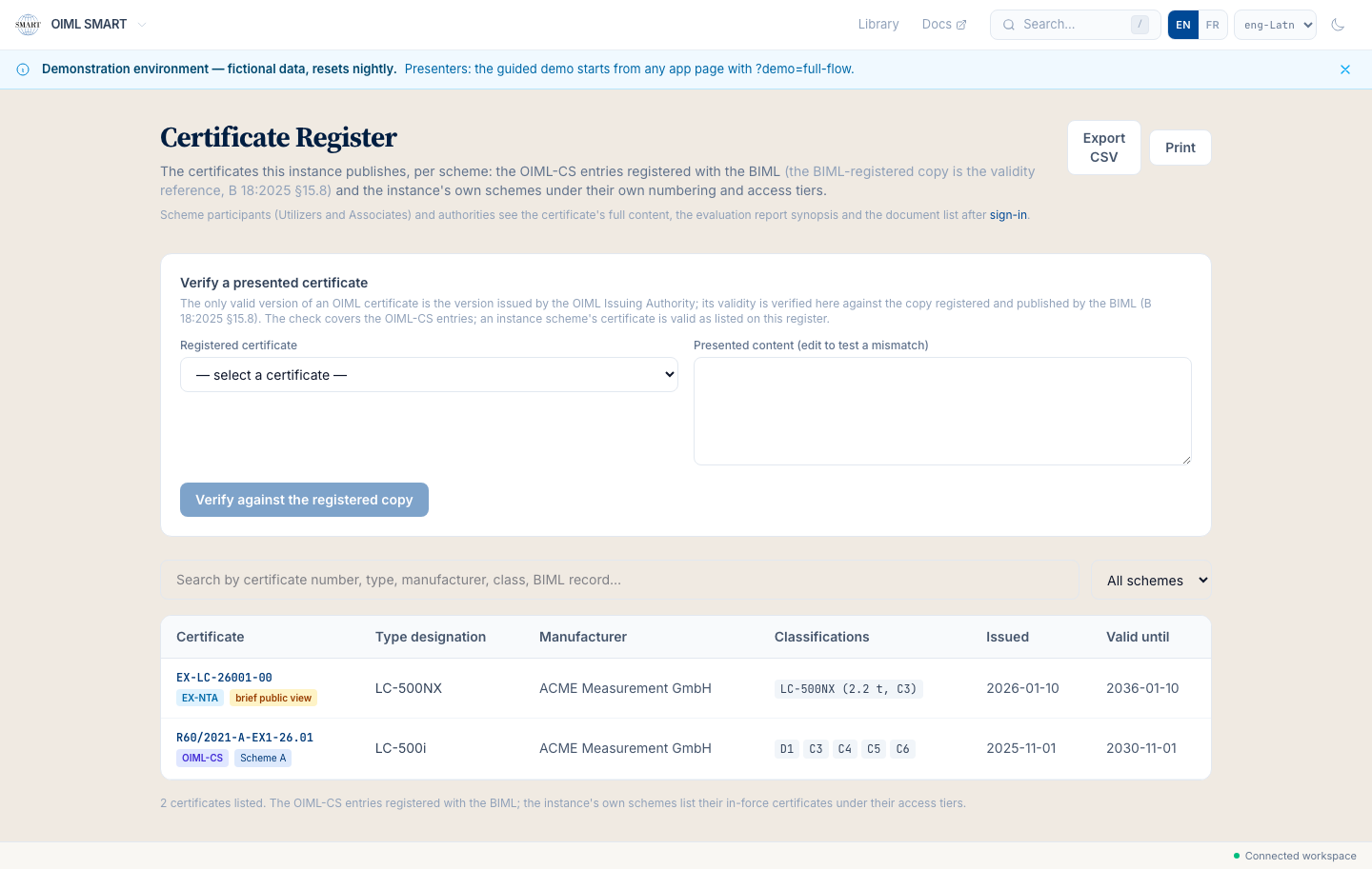 The public certificate register: the BIML-registered entries, browsable by anyone, with the validity doctrine stated.