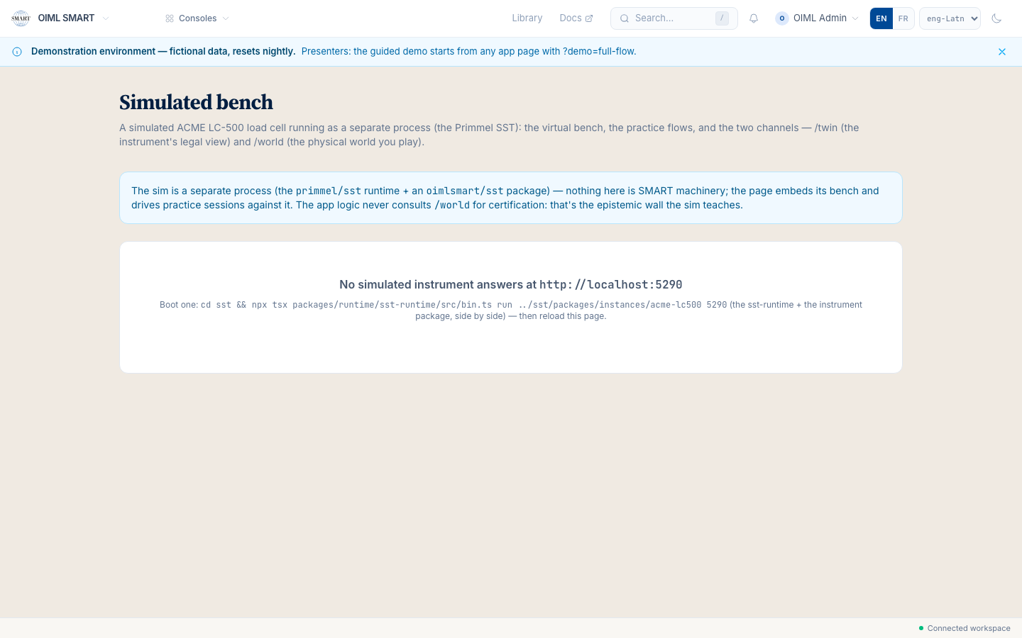 The sim bench on the demo: the standalone pairing surface, honestly unpaired on the hosted instance, printing the one-command boot for a local instrument.