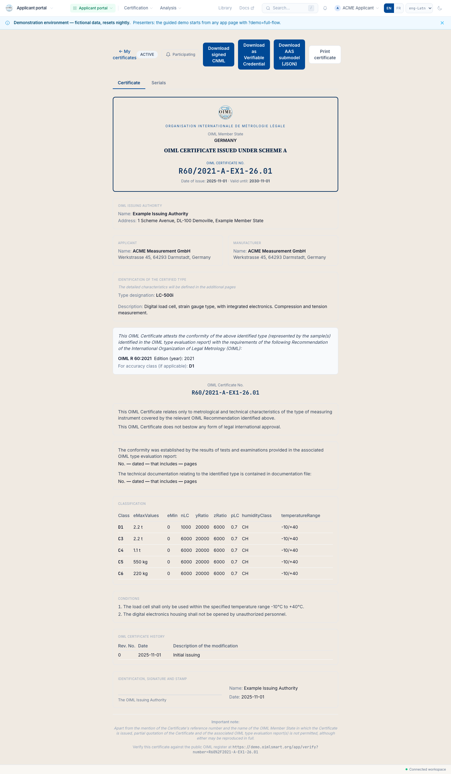 The issued certificate R60/2021-A-EX1-26.01 in the OIML layout, as the applicant downloads it.