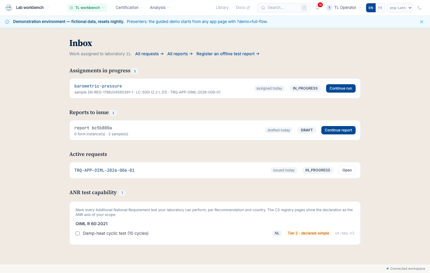 The laboratory inbox: the dispatched test requests with their samples and assigned forms.