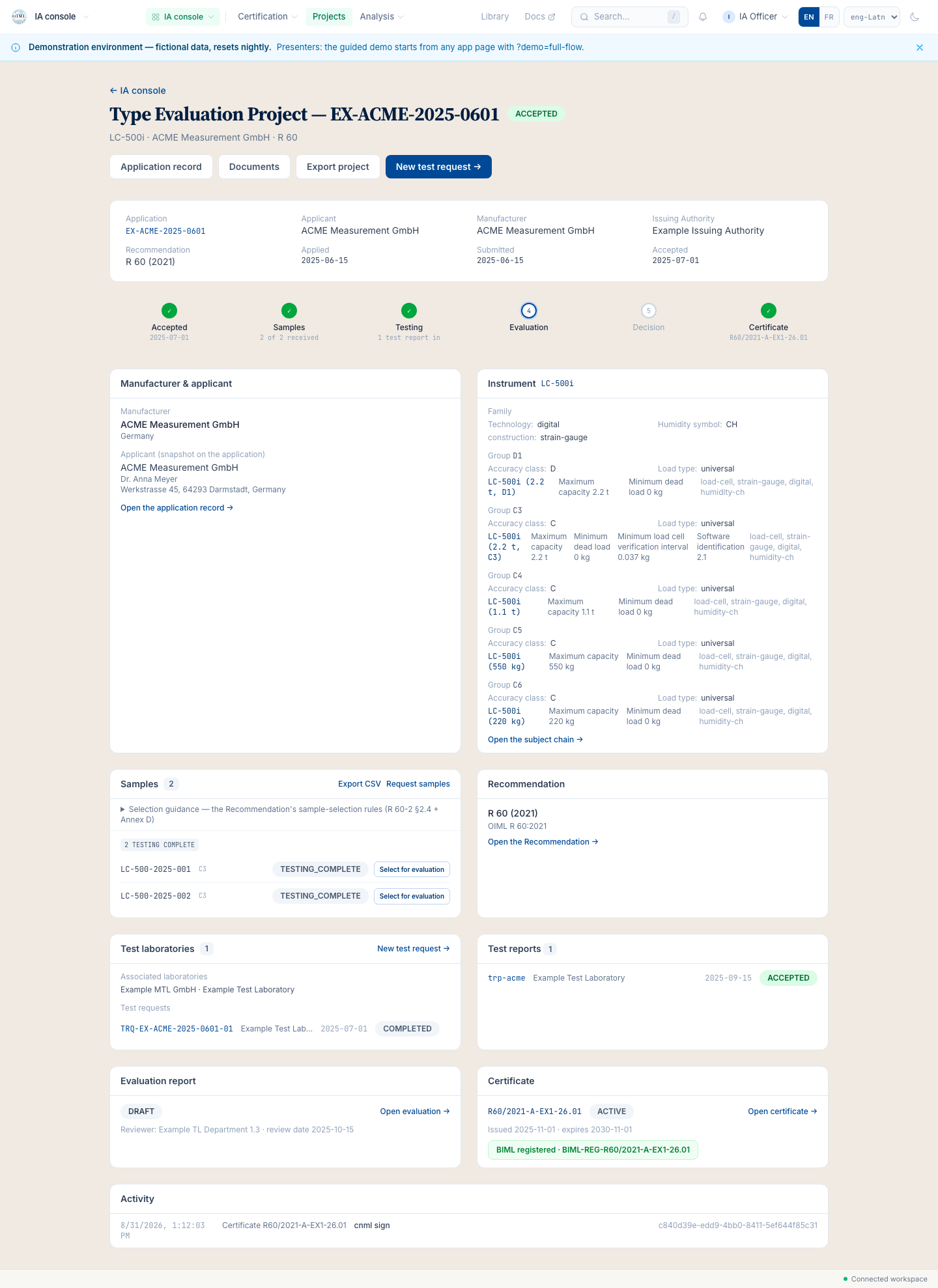 The Evaluation Project hub: the application record, the samples, the test requests, the verdicts, and the certificate-to-be on one page.