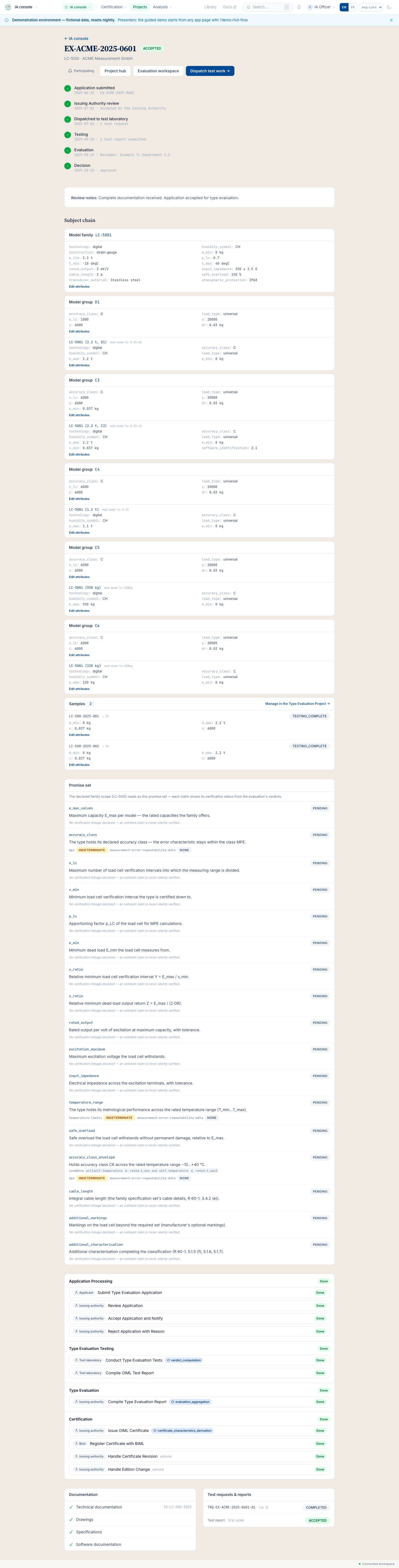 The authority's review of the canonical application: the whole file on one page with the open and closed review acts.