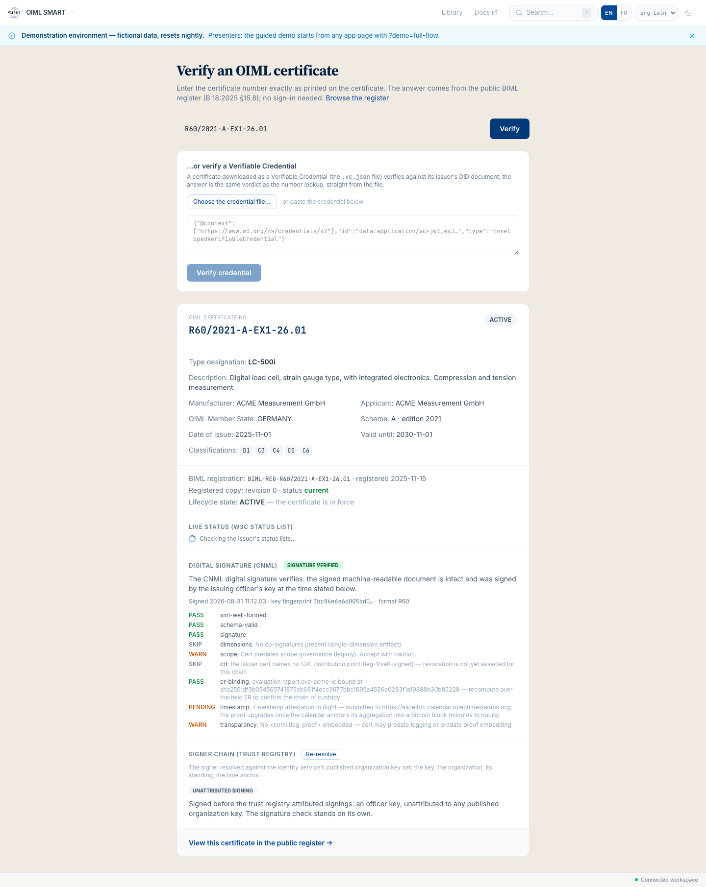 The verify page answering ACTIVE for R60/2021-A-EX1-26.01: the BIML registration, the live status checks, the signature pipeline.
