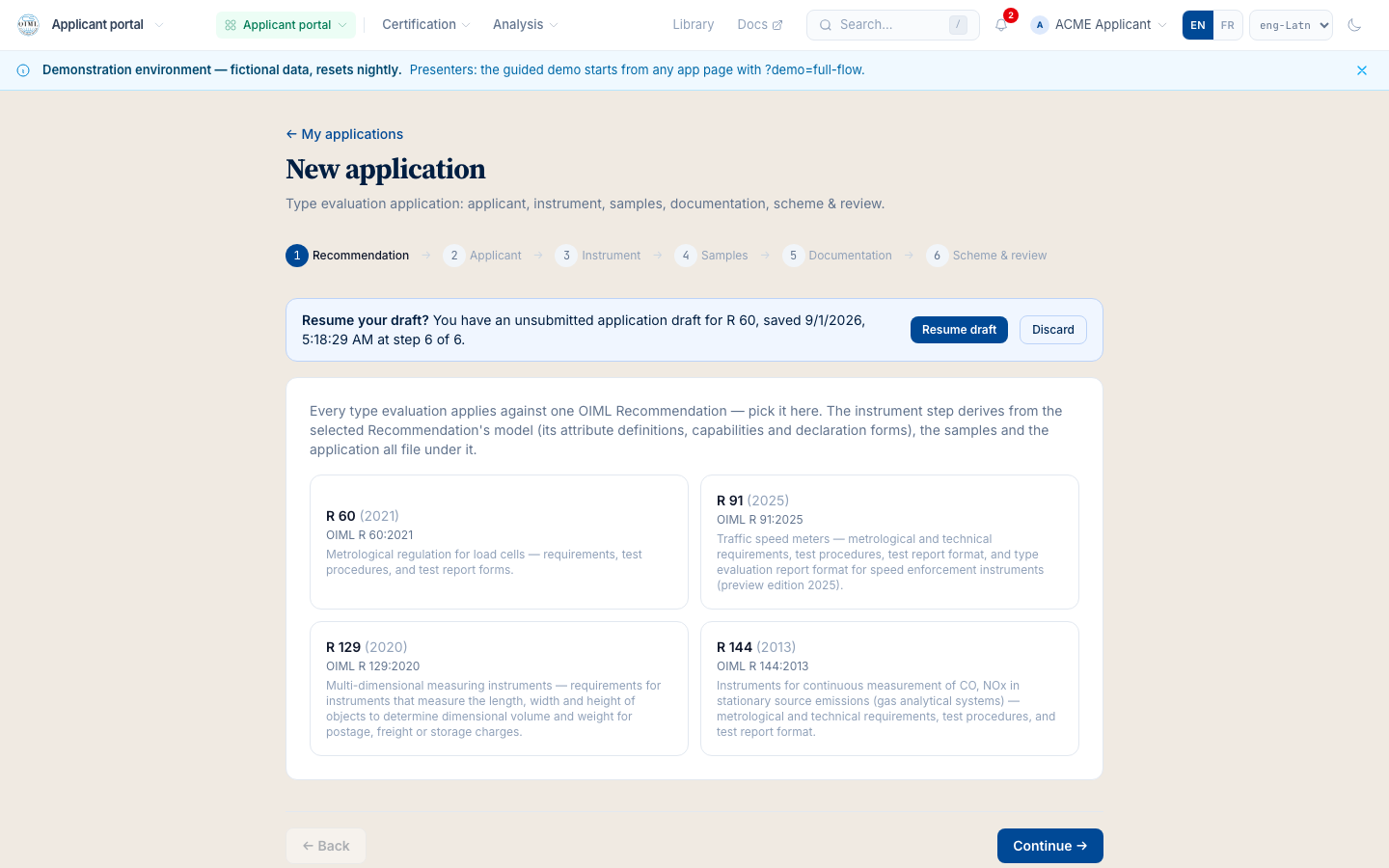 The wizard's resume banner on return: the stored draft offered, the fill round-trips across the leave.